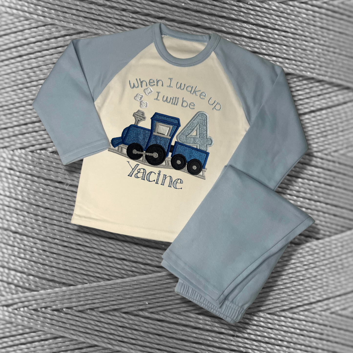 Childrens Personalised Embroidered Birthday Pyjamas 'When I wake up I will be' Embroidered Steam Train Design with the Childs Name and Age