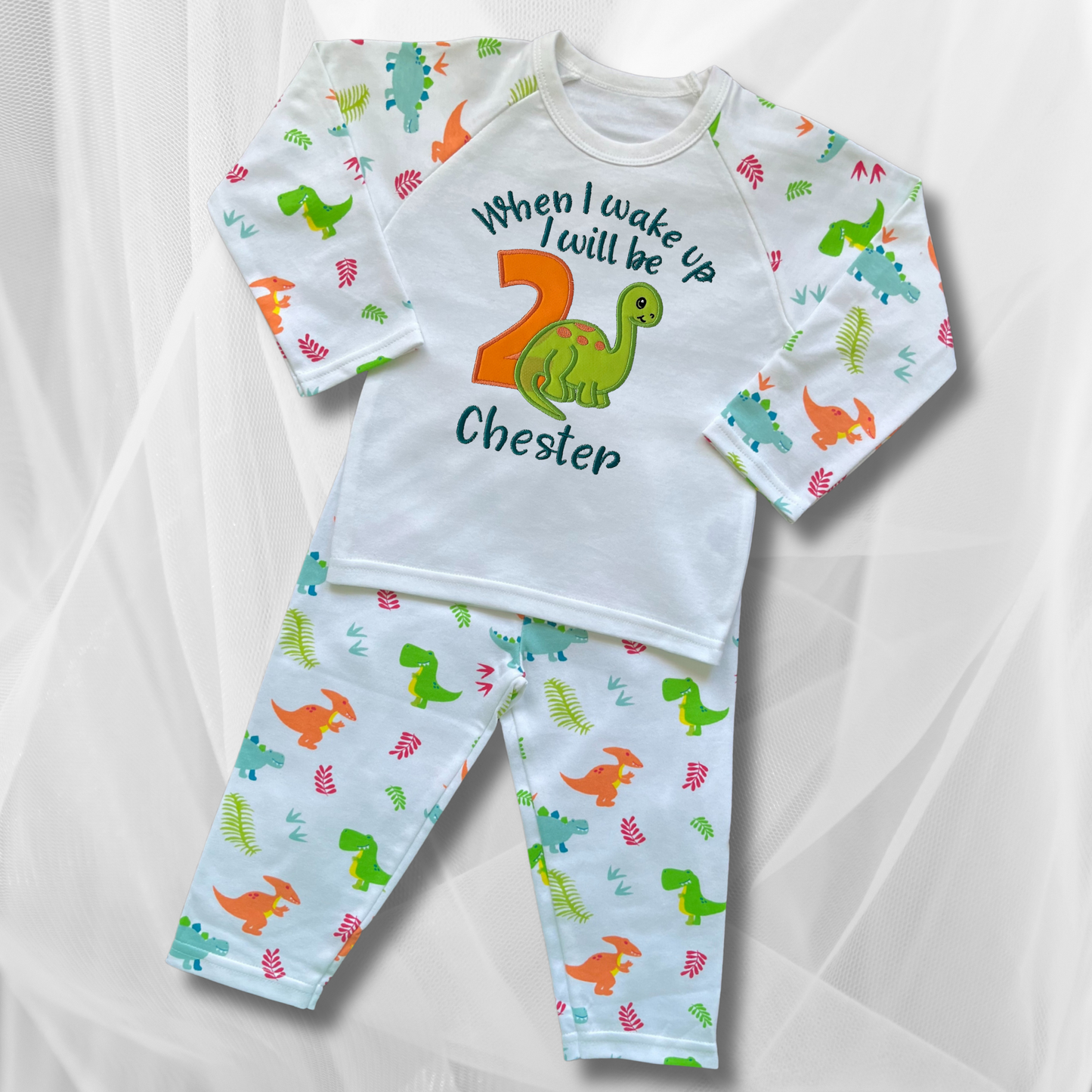 Childrens Personalised Embroidered Birthday Pyjamas 'When I wake up I will be' Embroidered Cute Dinosaur Design with the Childs Name and Age