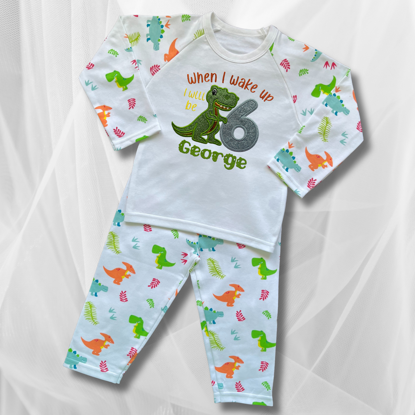 Childrens Personalised Birthday Pyjamas 'When I wake up I will be' Embroidered Colourful Dinosaur Design with Childs Name and Age