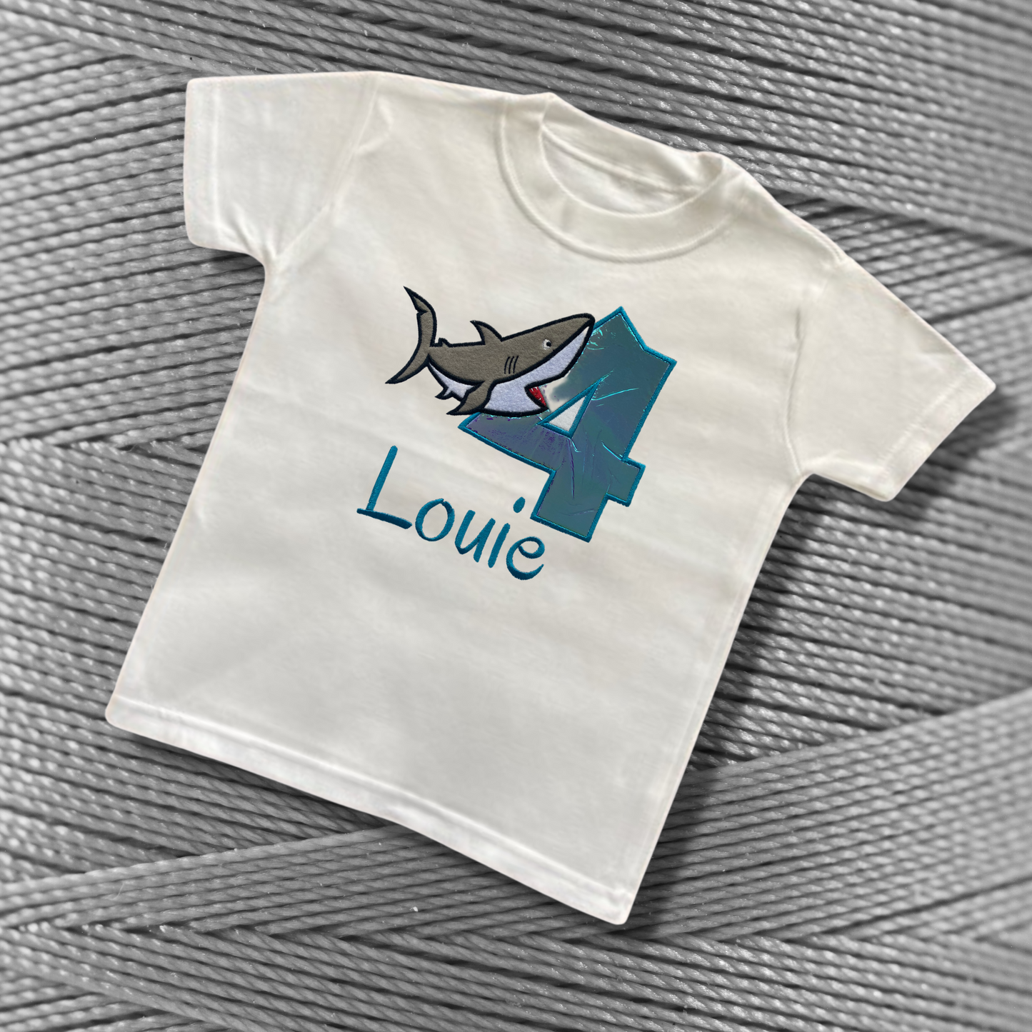 Personalised Embroidered Birthday Shark Design T-Shirt for Kids
