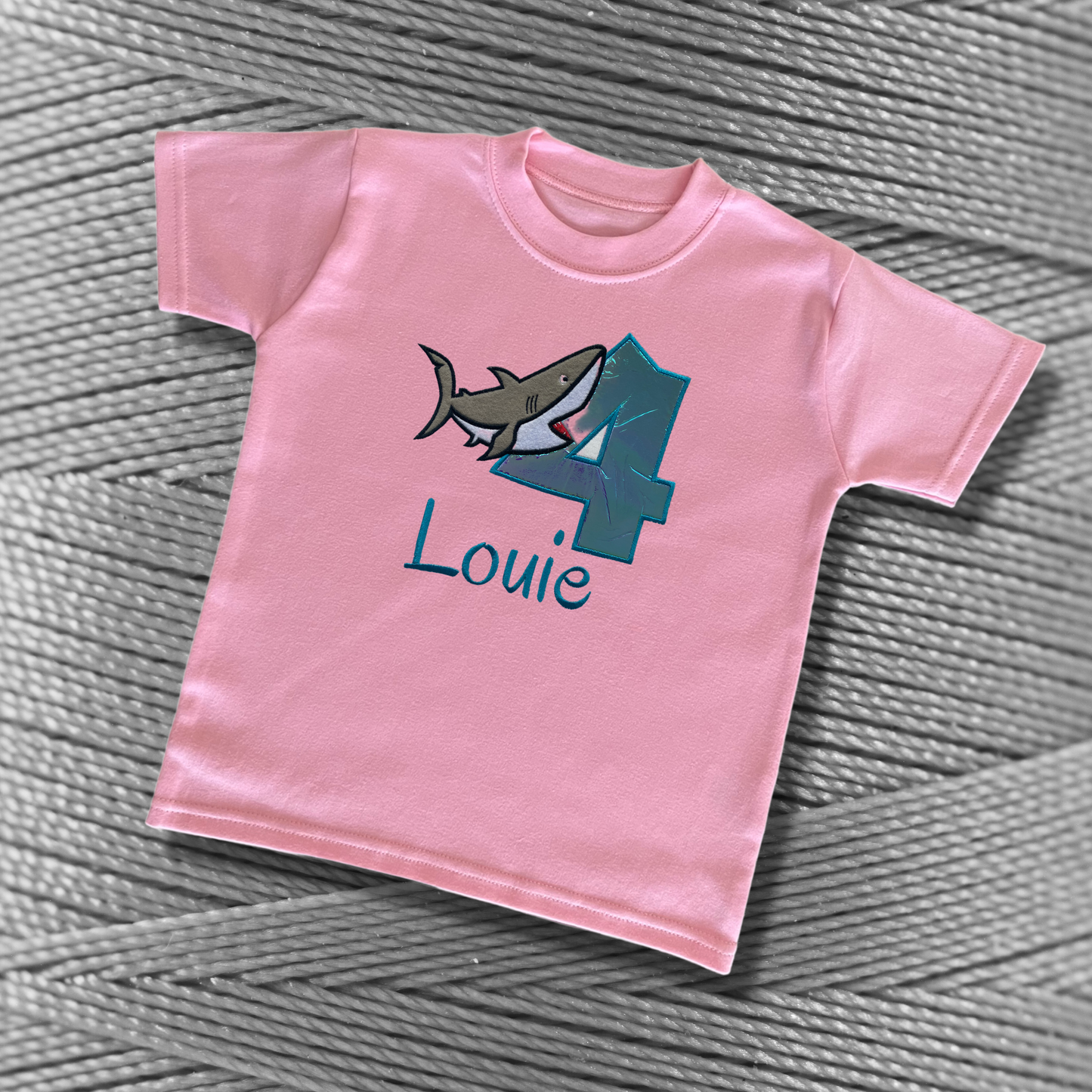 Personalised Embroidered Birthday Shark Design T-Shirt for Kids