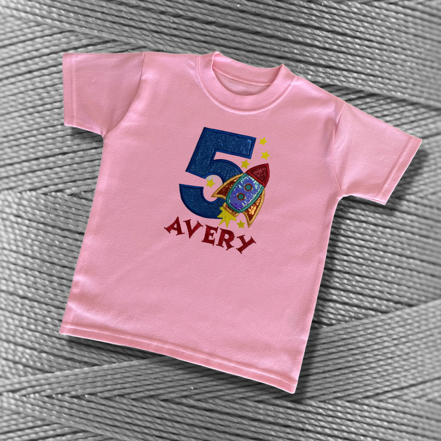 Personalised Embroidered Birthday Rocket Design T-Shirt for Kids
