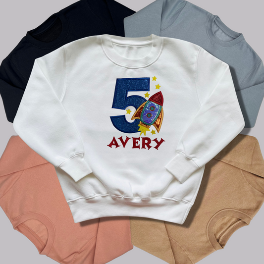 Personalised Embroidered Children's Birthday Top: Rocket Design