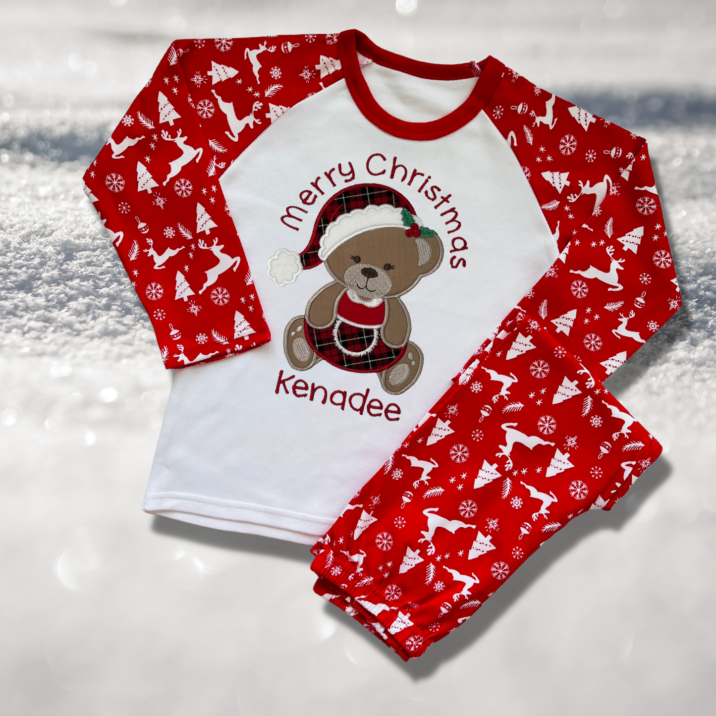 Personalised Embroidered Christmas Childrens Pyjamas and Rompersuits with a Cute Bear dressed in Tartan Merry Christmas or My 1st Christmas