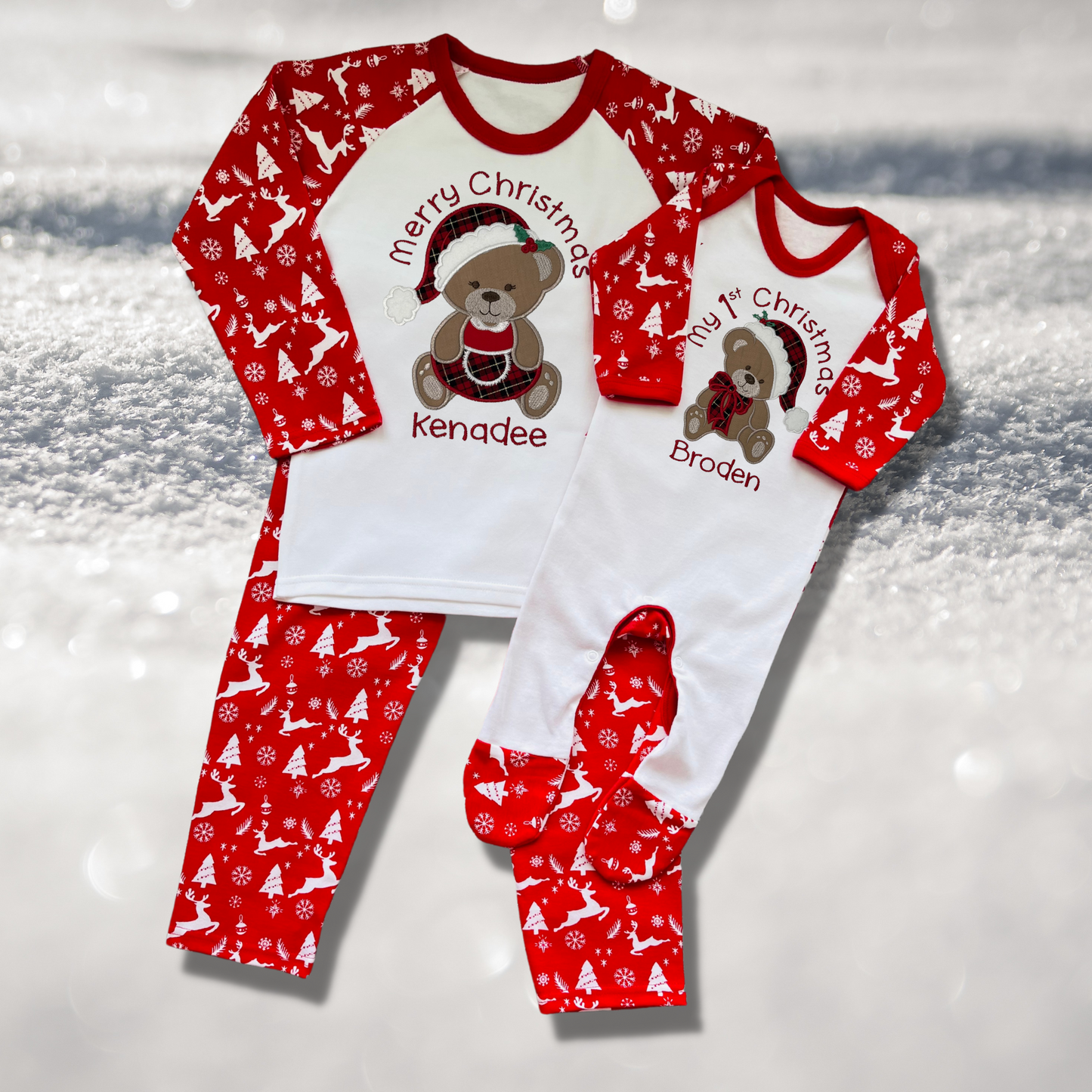 Personalised Embroidered Christmas Childrens Pyjamas and Rompersuits with a Cute Bear dressed in Tartan Merry Christmas or My 1st Christmas