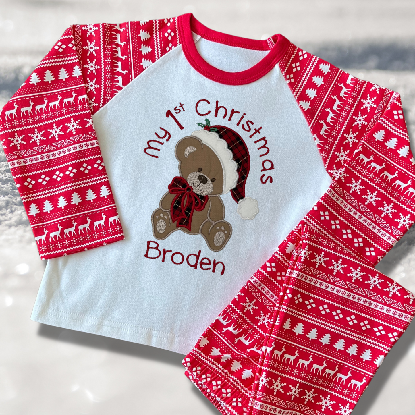 Personalised Embroidered Christmas Childrens Pyjamas and Rompersuits with a Cute Bear dressed in Tartan Merry Christmas or My 1st Christmas