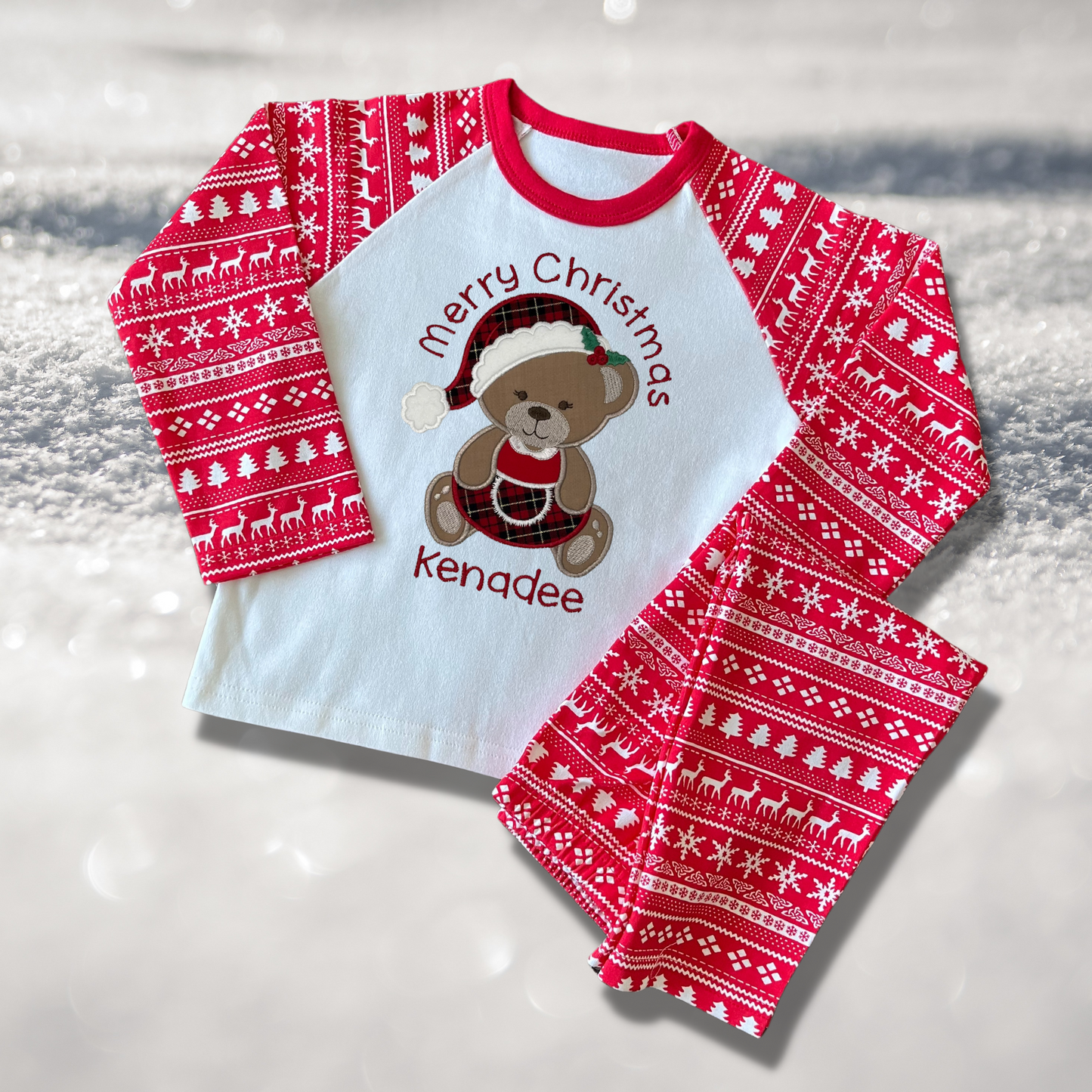 Personalised Embroidered Christmas Childrens Pyjamas and Rompersuits with a Cute Bear dressed in Tartan Merry Christmas or My 1st Christmas