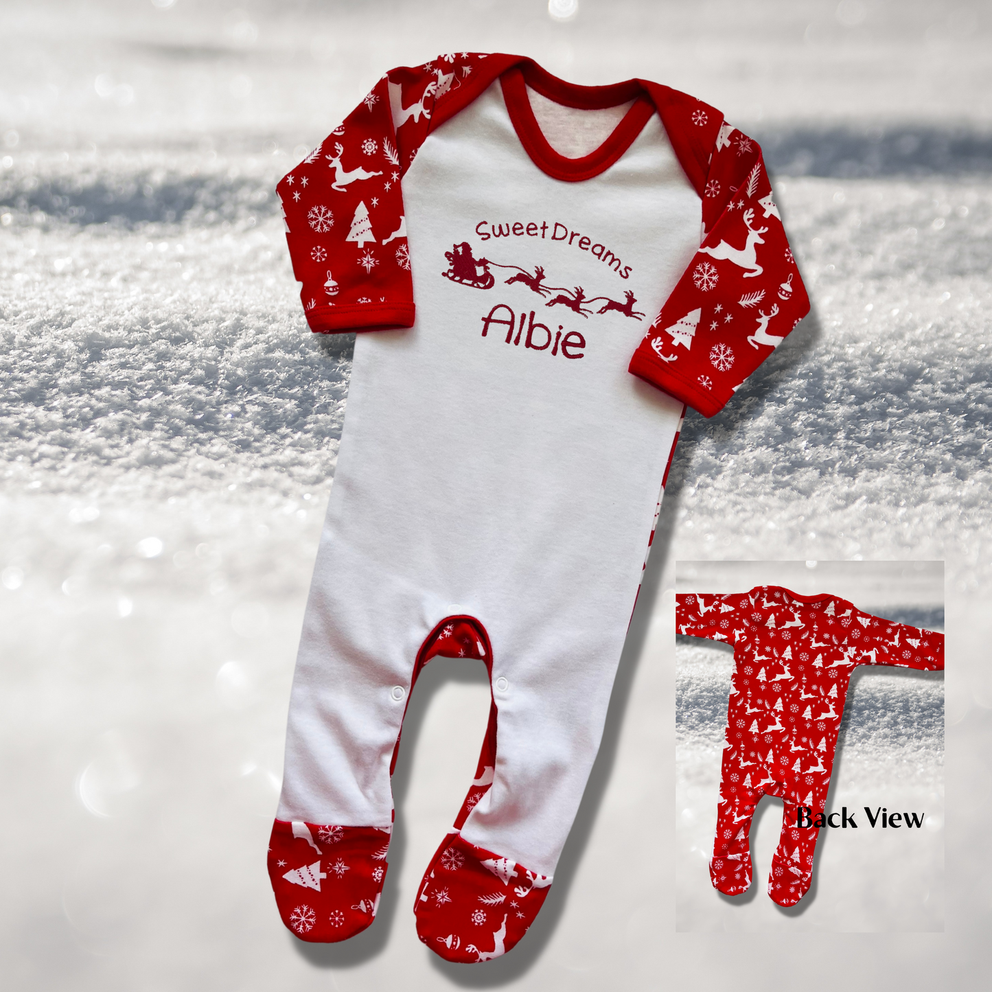 Personalised Embroidered Christmas Childrens Pyjamas and Rompersuits with Santa and His Sleigh. A Perfect Christmas Gift