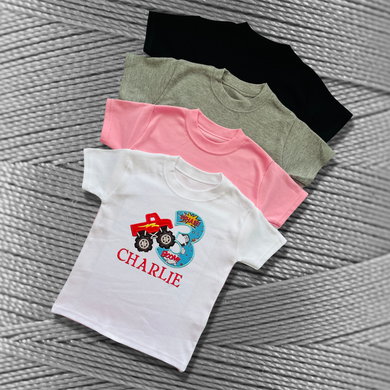 Personalised Embroidered Children's Birthday Top: Monster Truck Design