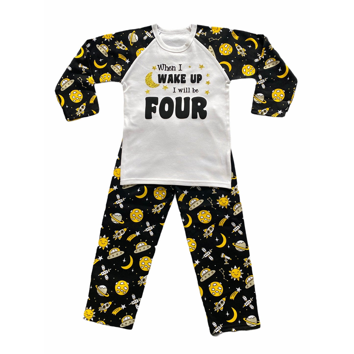 Childrens Birthday Pyjamas. Space Design With the Words 'When I Wake Up I'll Be .....'. Super Cute for the Night Before Their Big Day.