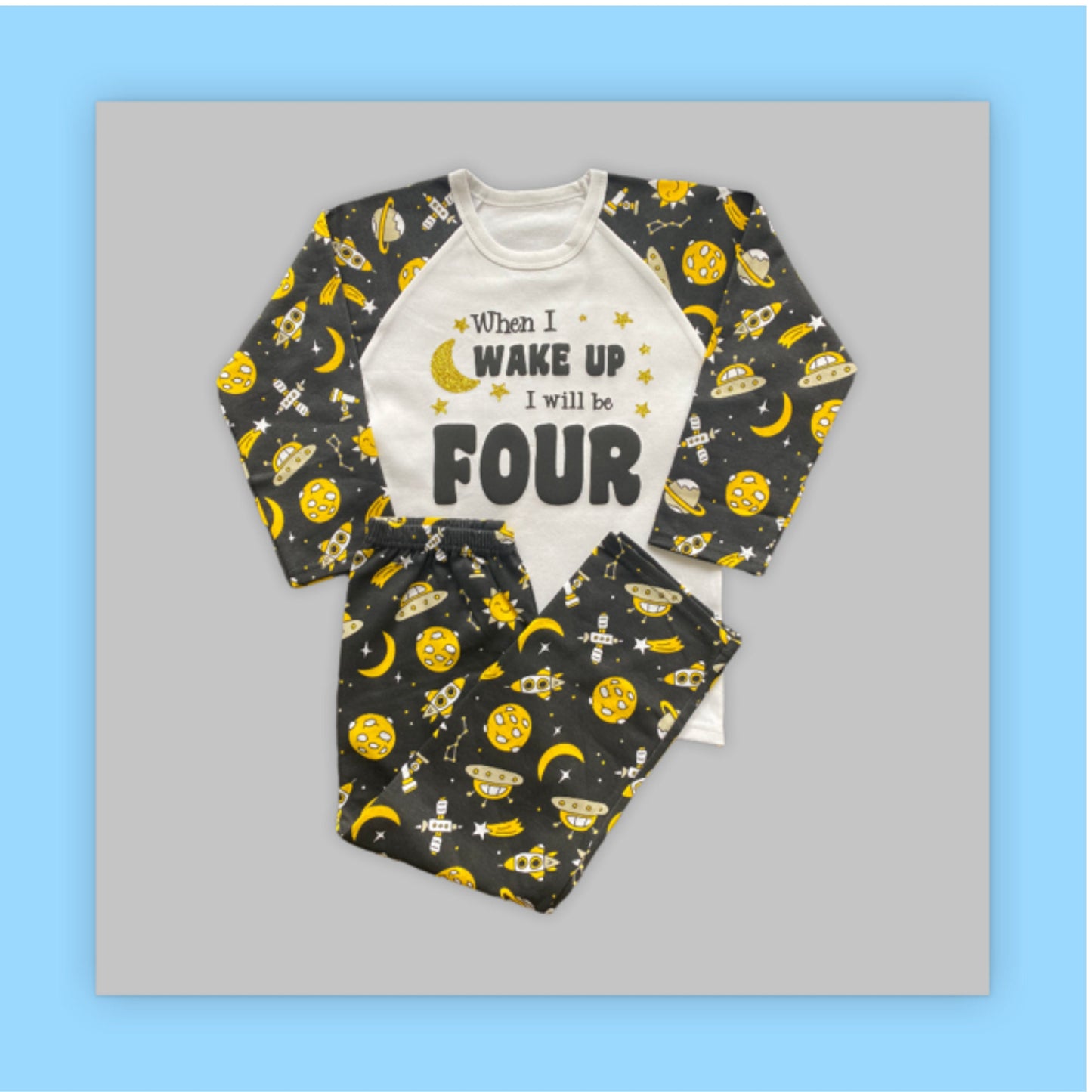 Childrens Birthday Pyjamas. Space Design With the Words 'When I Wake Up I'll Be .....'. Super Cute for the Night Before Their Big Day.