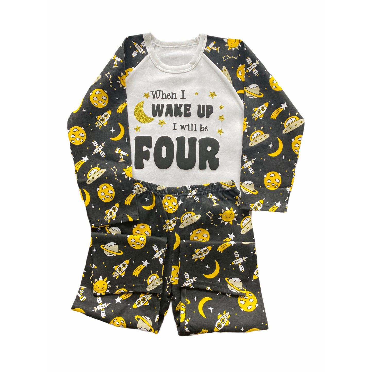 Childrens Birthday Pyjamas. Space Design With the Words 'When I Wake Up I'll Be .....'. Super Cute for the Night Before Their Big Day.