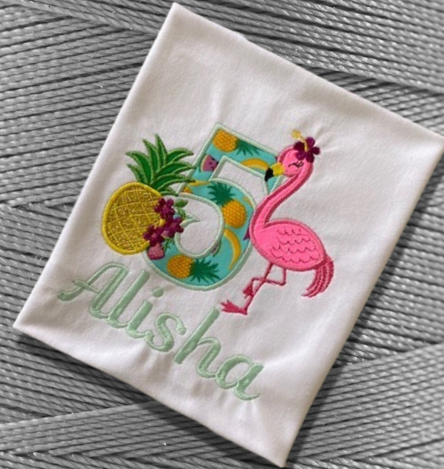 Personalised Childrens Birthday T-Shirt Cute Embroidered Flamingo & Pineapple Design Personalised with Age and Name Perfect Birthday Outfit