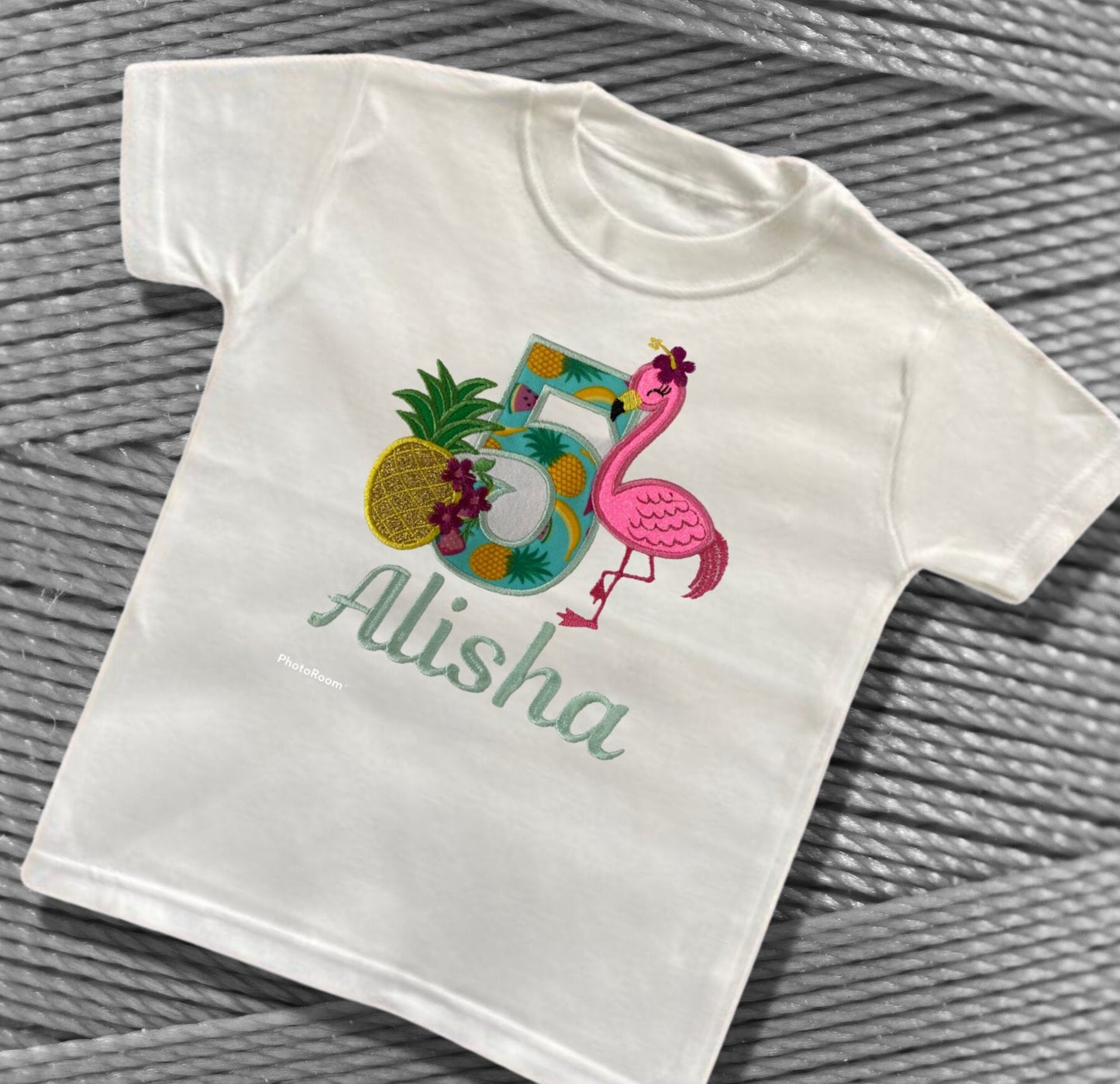 Personalised Childrens Birthday T-Shirt Cute Embroidered Flamingo & Pineapple Design Personalised with Age and Name Perfect Birthday Outfit