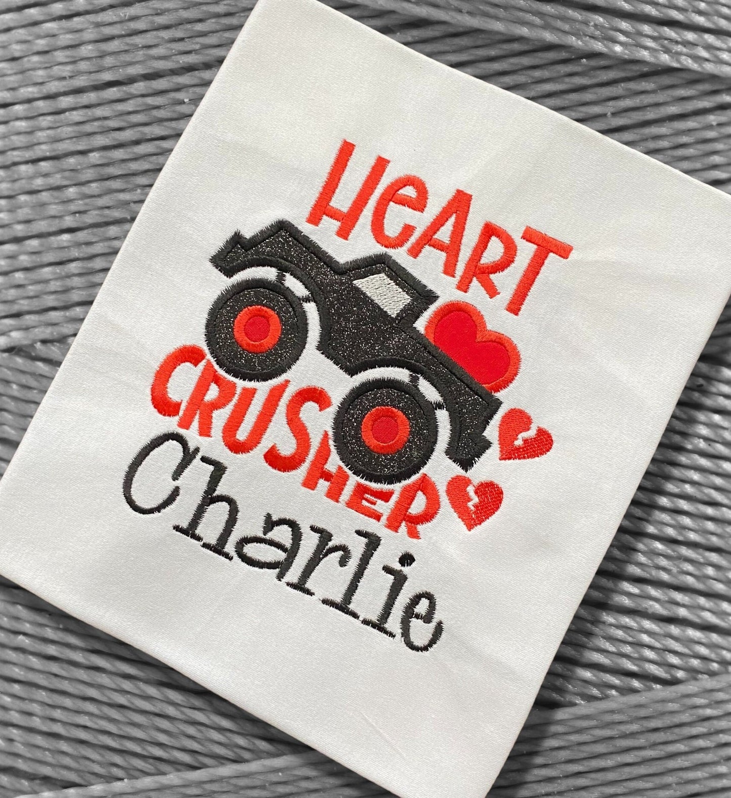 Personalised Embroidered Childrens Valentine's Shirt. Truck Design with the Words 'Heart Crusher'. Perfect for Valentines Day or as a Gift