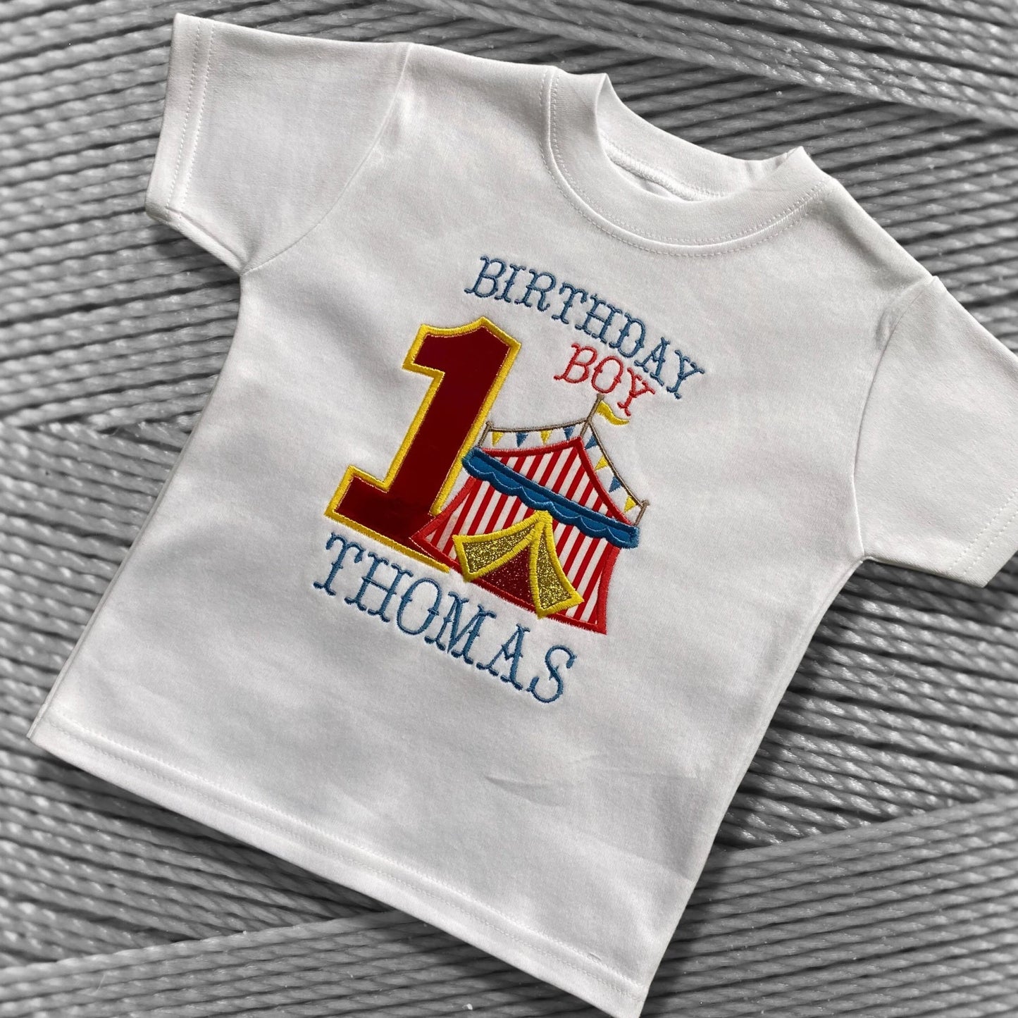 Personalised Embroidered Children's Birthday Top: Applique Circus Design.