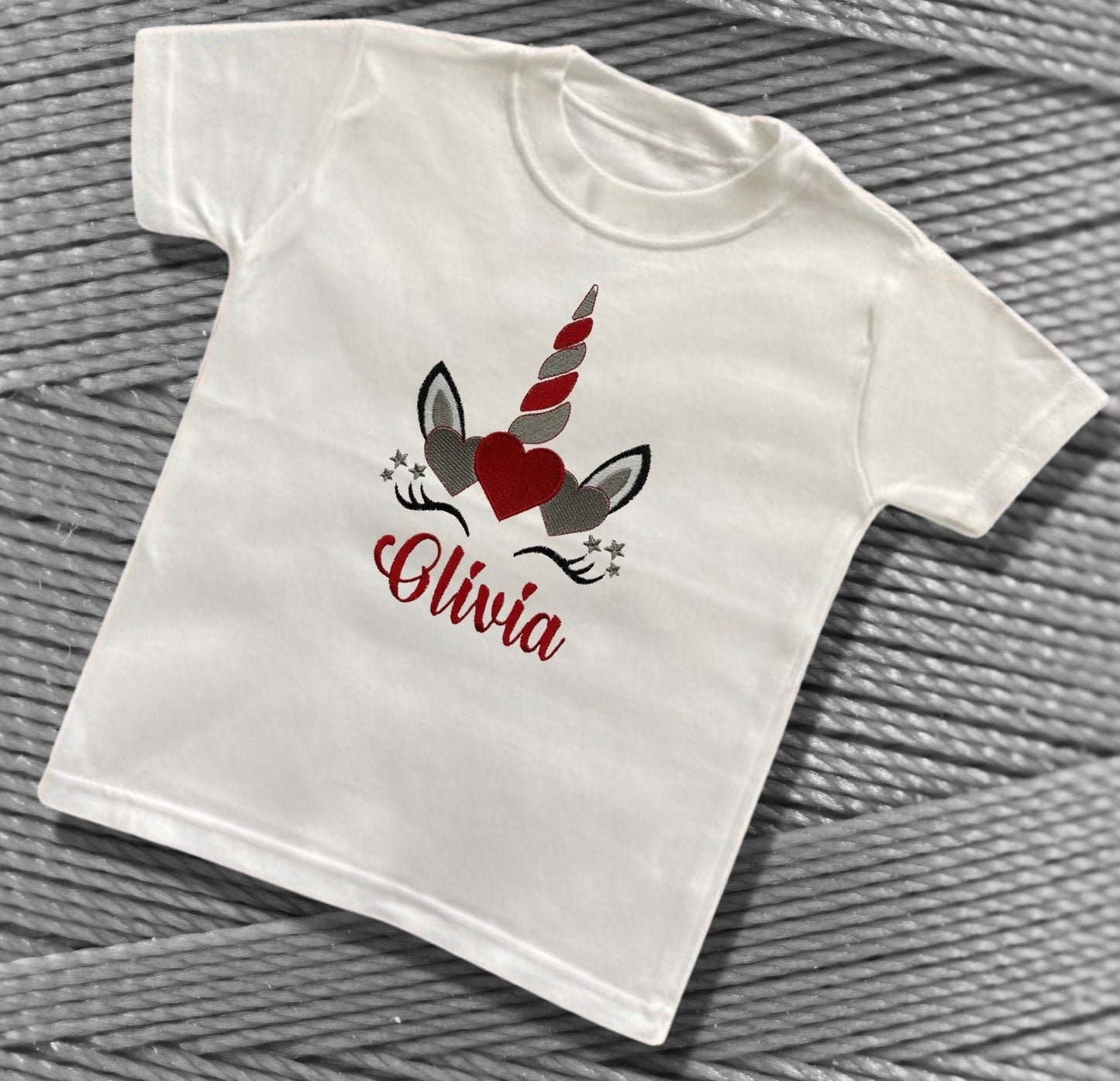 Personalised Embroidered Childrens Unicorn Shirts. Cute Unicorn with Hearts Design. Perfect Outfit for Valentines Day or a Gift