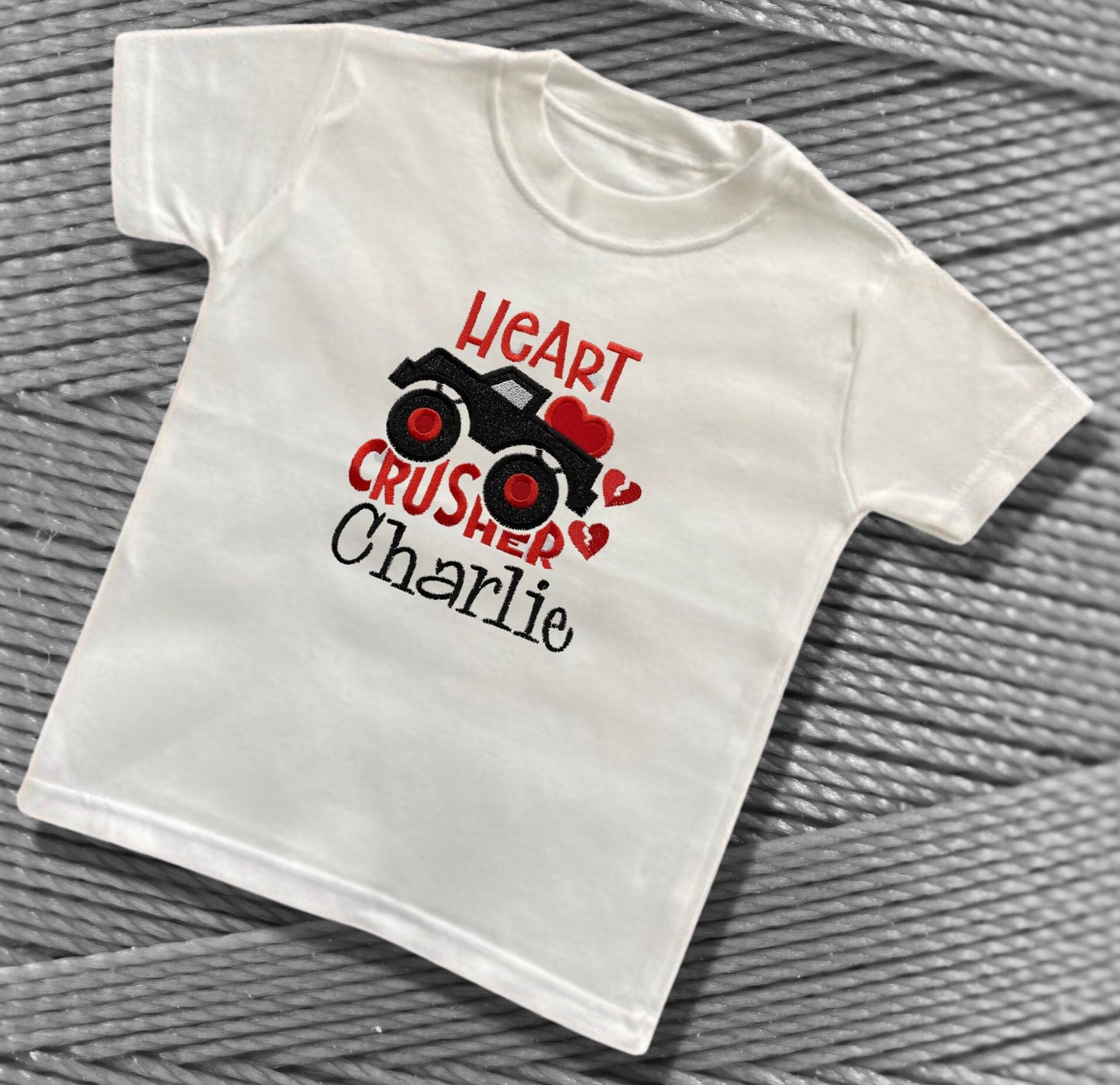 Personalised Embroidered Childrens Valentine's Shirt. Truck Design with the Words 'Heart Crusher'. Perfect for Valentines Day or as a Gift