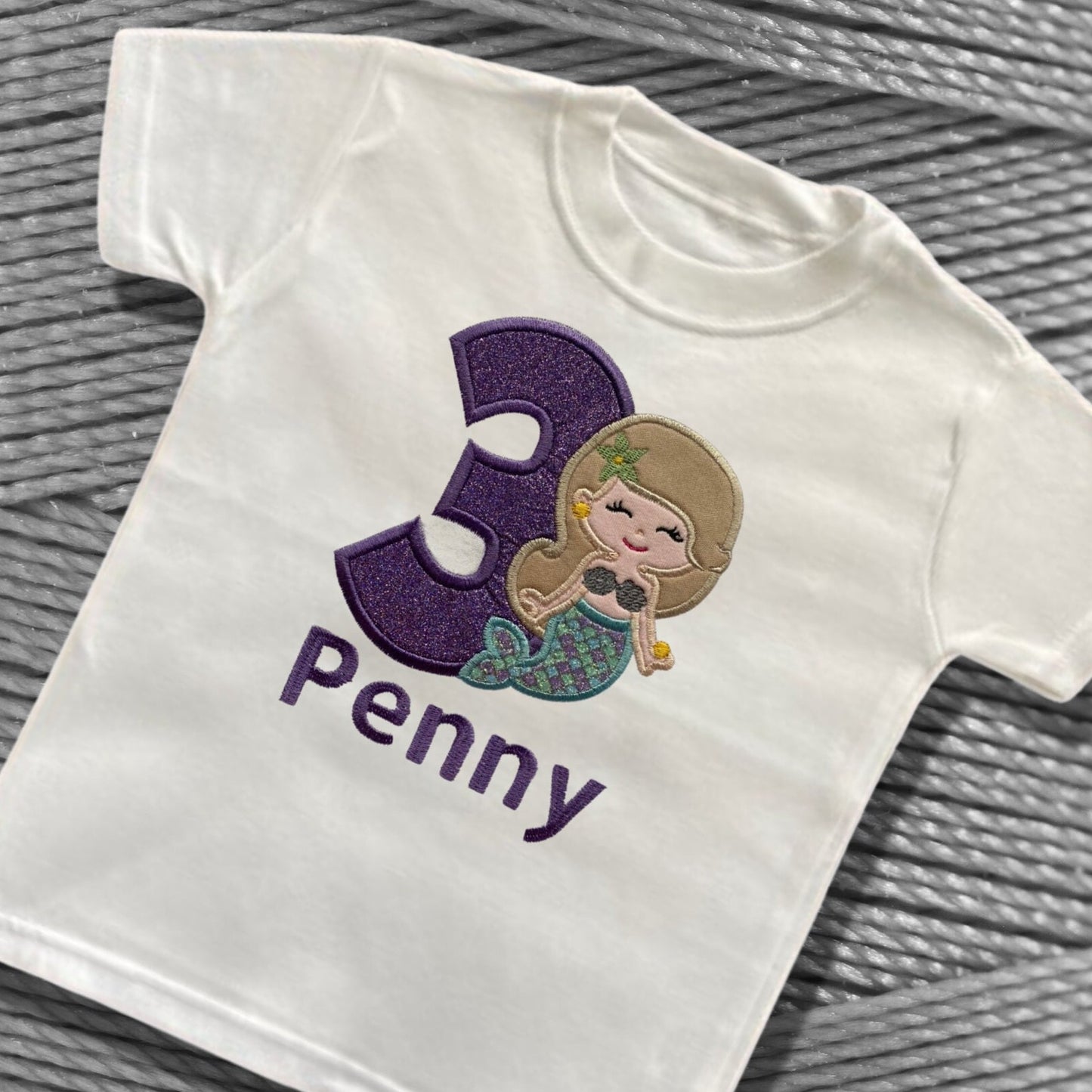 Personalised Embroidered Children's Birthday Top. Cute Applique Embroidered Mermaid Personalised with Age and Name Perfect Birthday Outfit