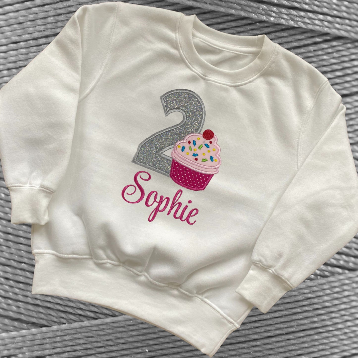 Personalised Embroidered Children's Birthday Top. Cute Applique Embroidered Cupcake Personalised with Age and Name Perfect Birthday Outfit