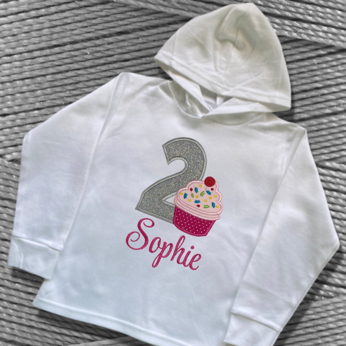 Personalised Embroidered Children's Birthday Top. Cute Applique Embroidered Cupcake Personalised with Age and Name Perfect Birthday Outfit