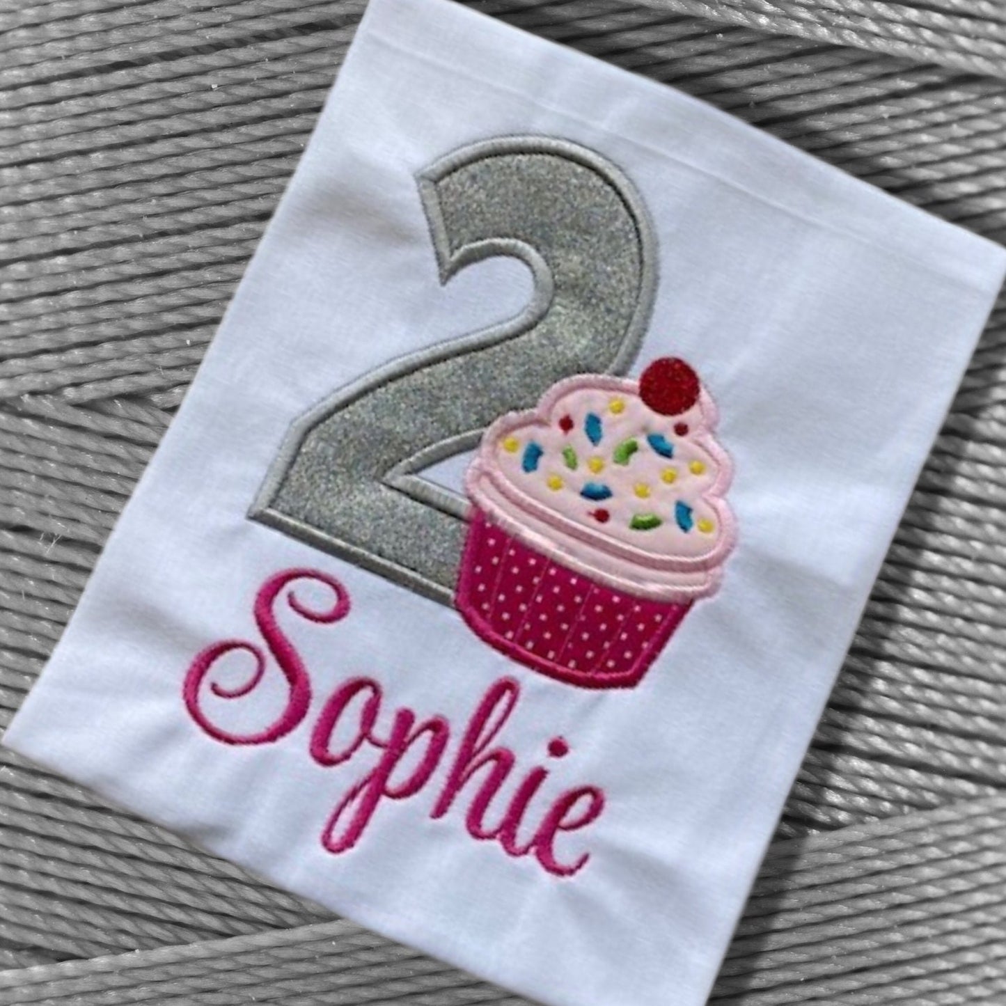 Personalised Embroidered Children's Birthday Top. Cute Applique Embroidered Cupcake Personalised with Age and Name Perfect Birthday Outfit