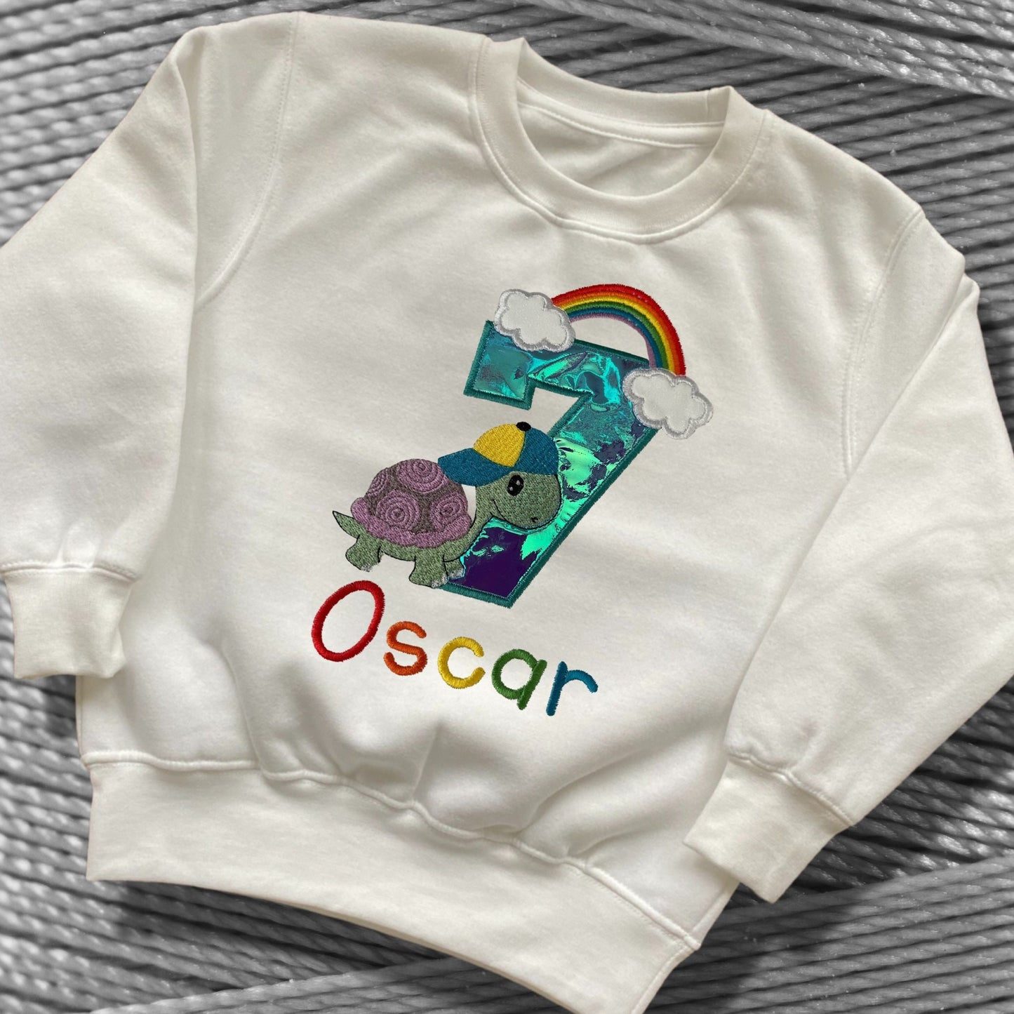 Personalised Embroidered Children's Birthday Top. Cute Turtle and Rainbow Design Personalised with Age and Name. Perfect Birthday Outfit