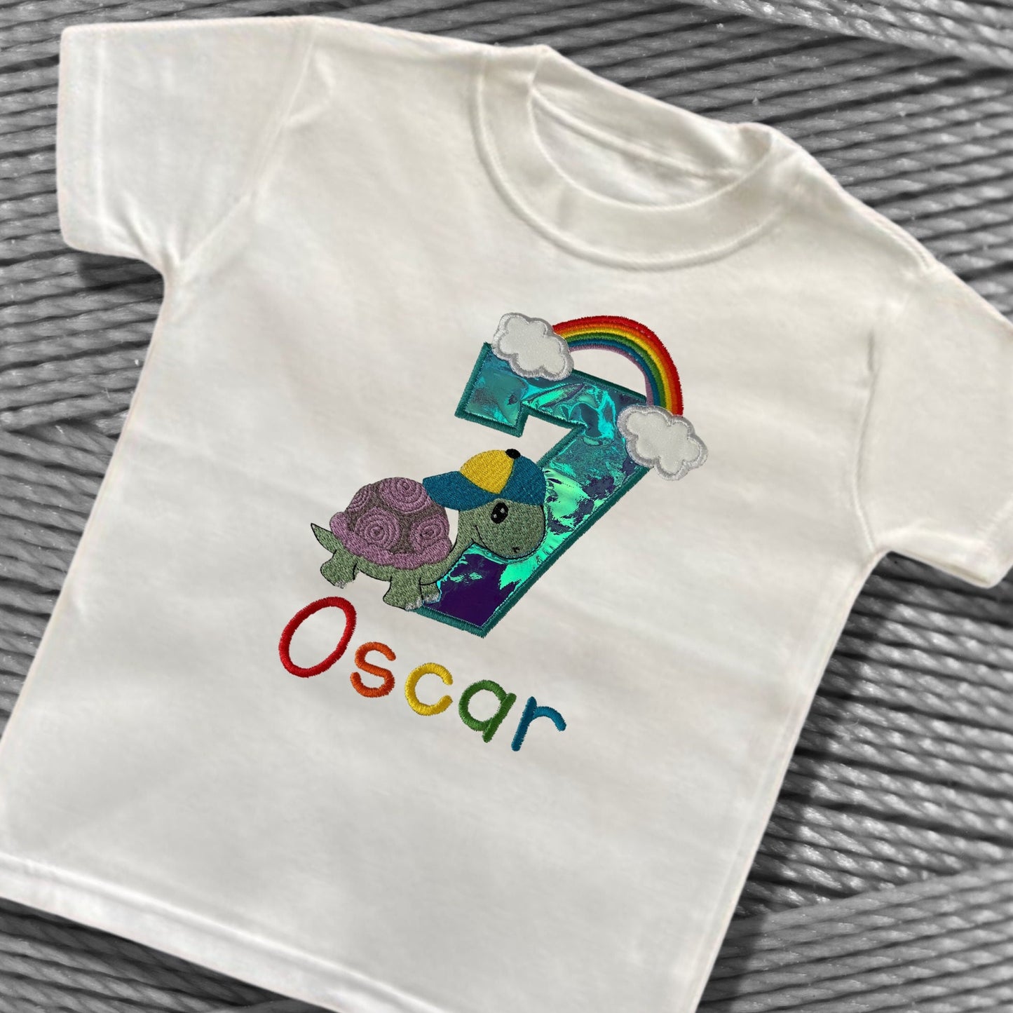 Personalised Embroidered Children's Birthday Top. Cute Turtle and Rainbow Design Personalised with Age and Name. Perfect Birthday Outfit