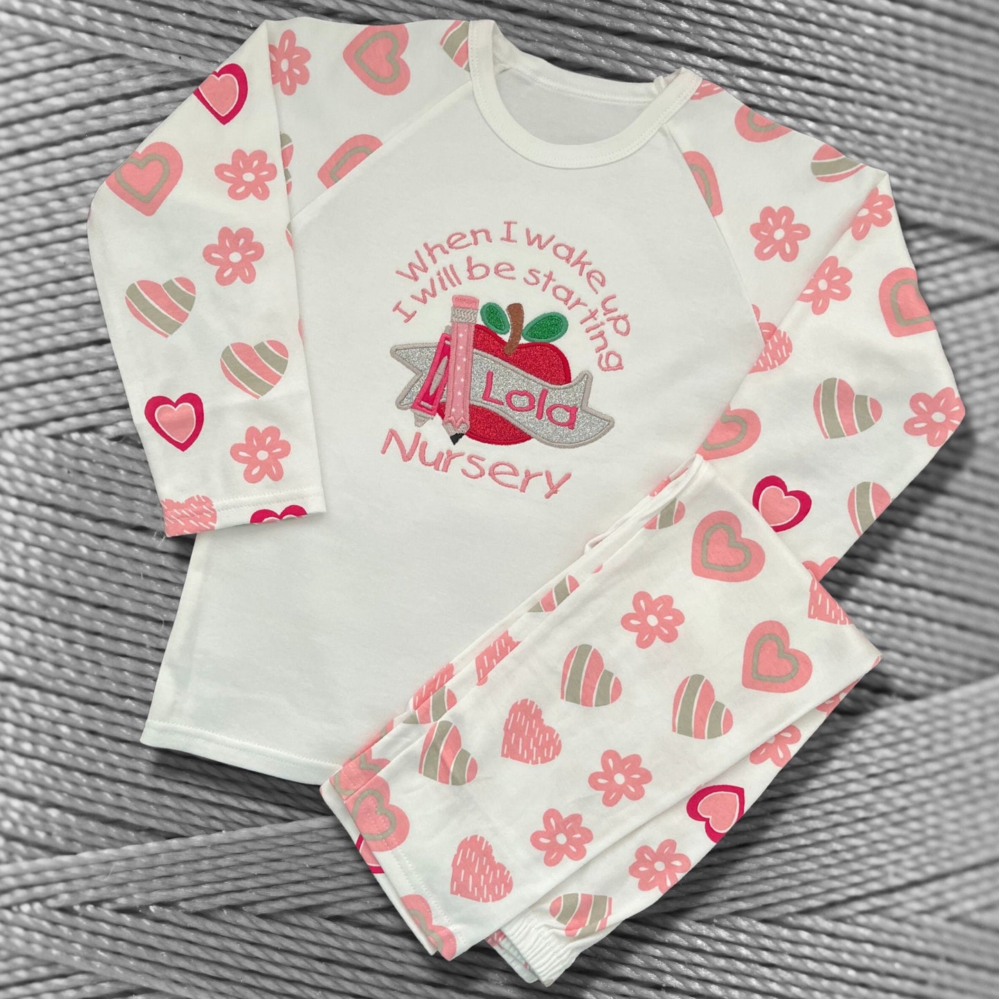Childrens Personalised Embroidered Pyjamas Saying 'When I wake up I will be starting nursery'. Cute Apple Design with Child's Name.