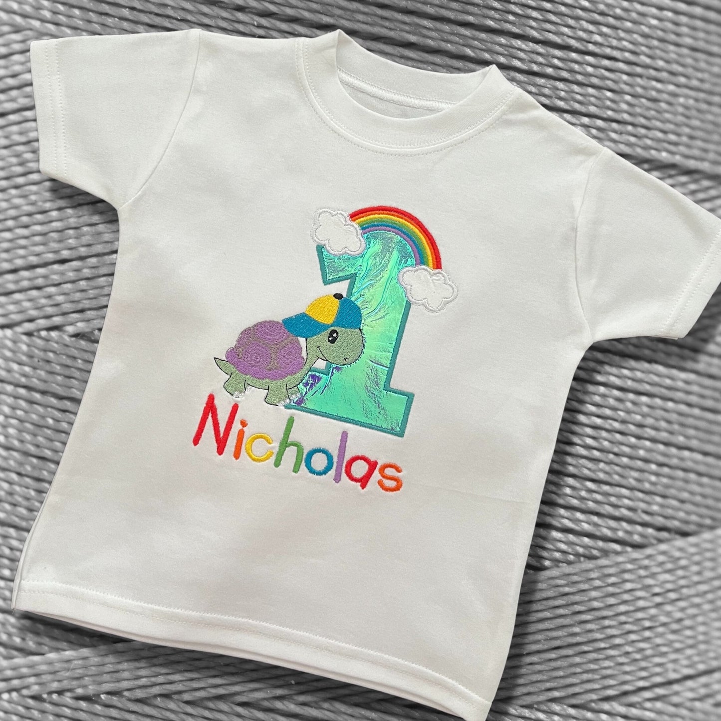 Personalised Embroidered Children's Birthday Top. Cute Turtle and Rainbow Design Personalised with Age and Name. Perfect Birthday Outfit