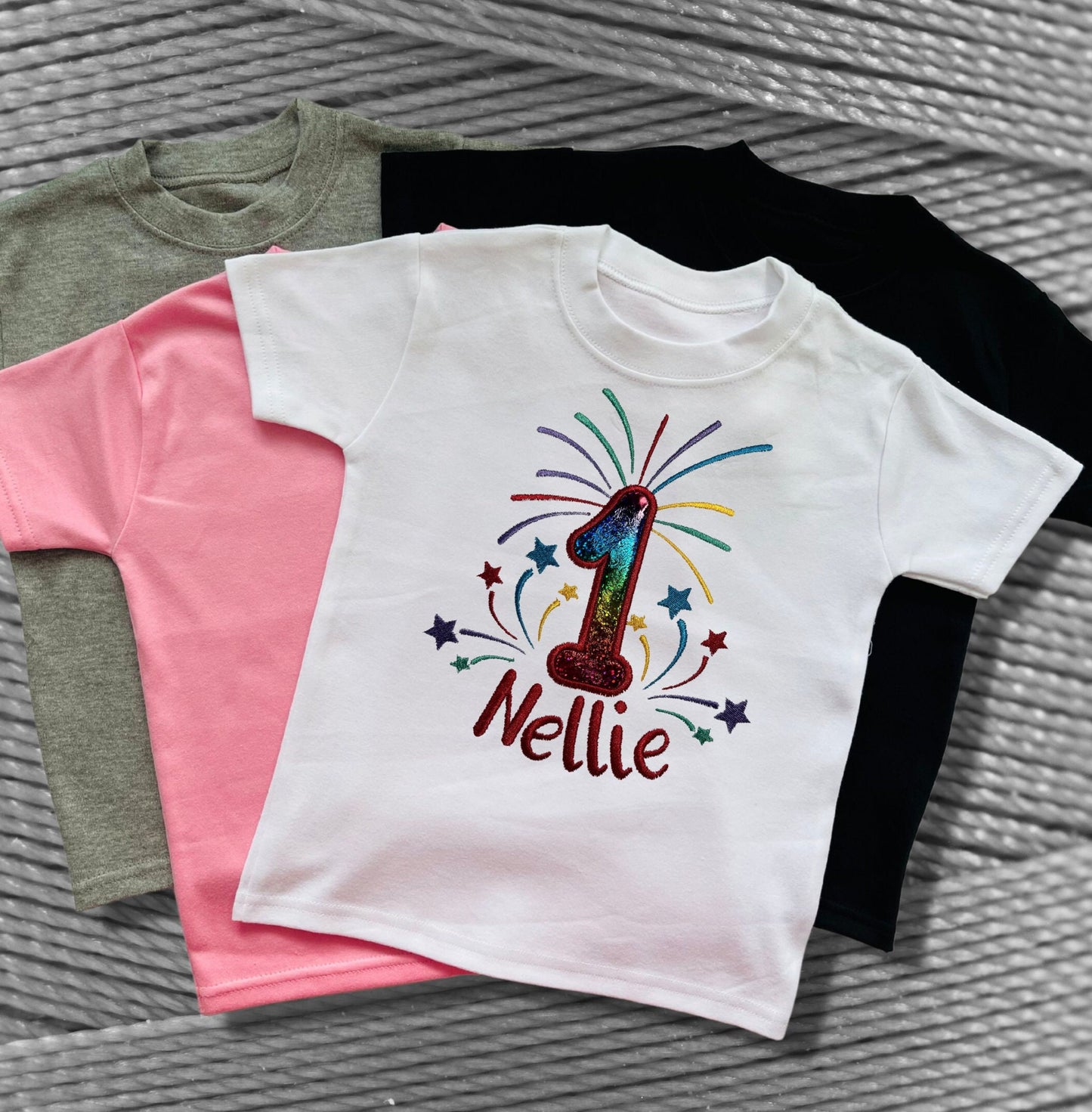 Childrens Birthday Embroidered Fireworks Shirts. Very Colourful Design Personalised with Name and Age. Choice of Garment