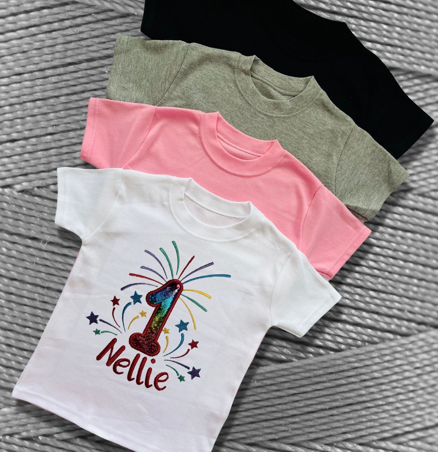 Childrens Birthday Embroidered Fireworks Shirts. Very Colourful Design Personalised with Name and Age. Choice of Garment