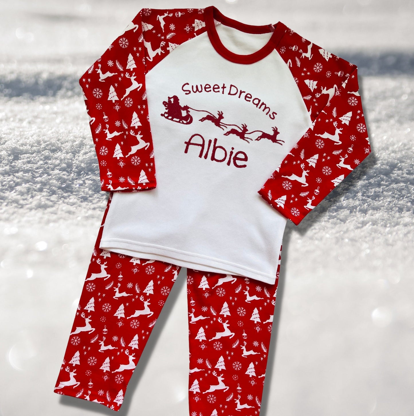 Personalised Embroidered Christmas Childrens Pyjamas and Rompersuits with Santa and His Sleigh. A Perfect Christmas Gift