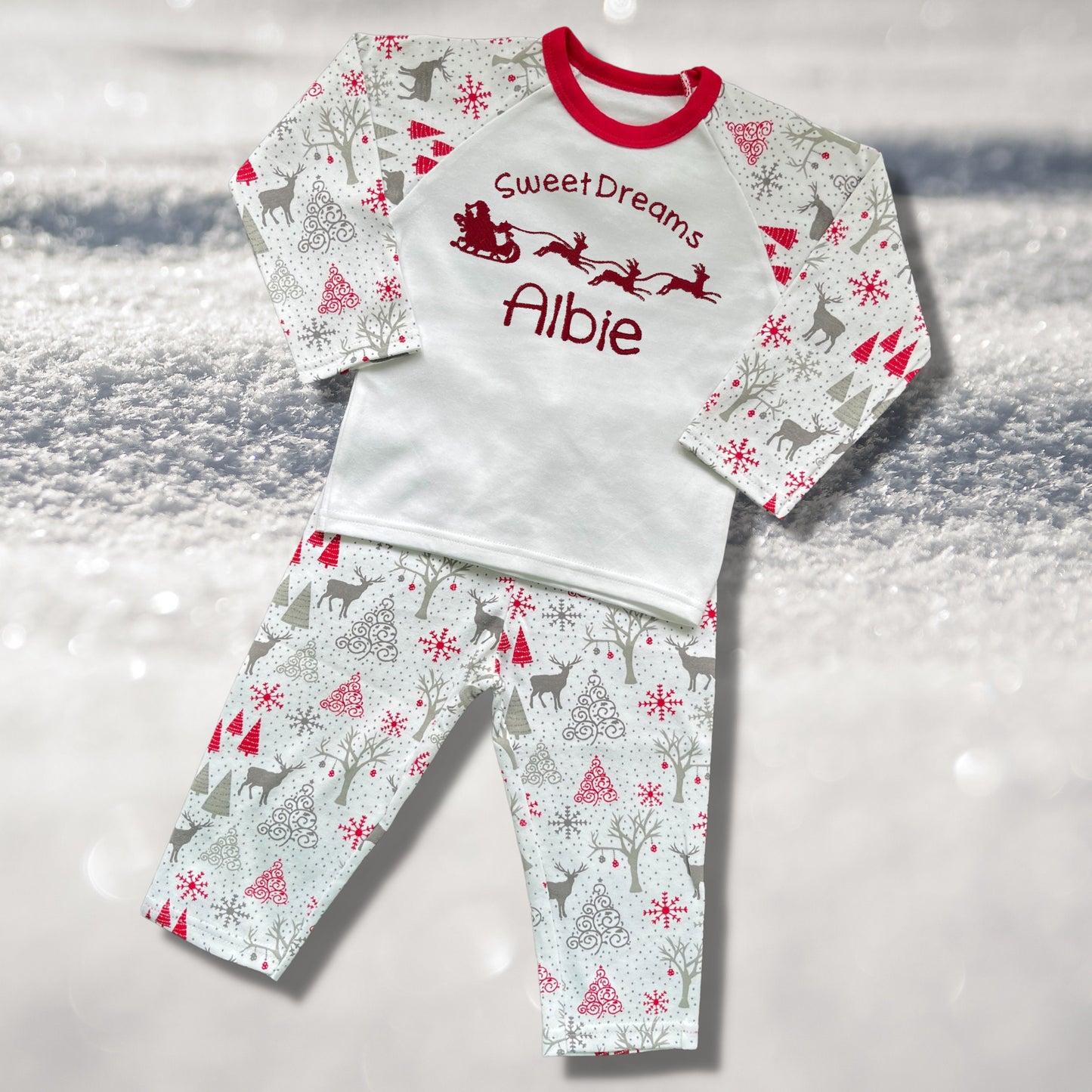 Personalised Embroidered Christmas Childrens Pyjamas and Rompersuits with Santa and His Sleigh. A Perfect Christmas Gift