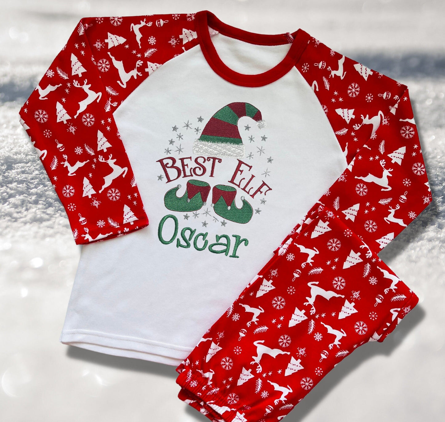 Personalised Embroidered Christmas Childrens Pyjamas and Rompersuits with a Cute 'Best Elf' Christmas Design