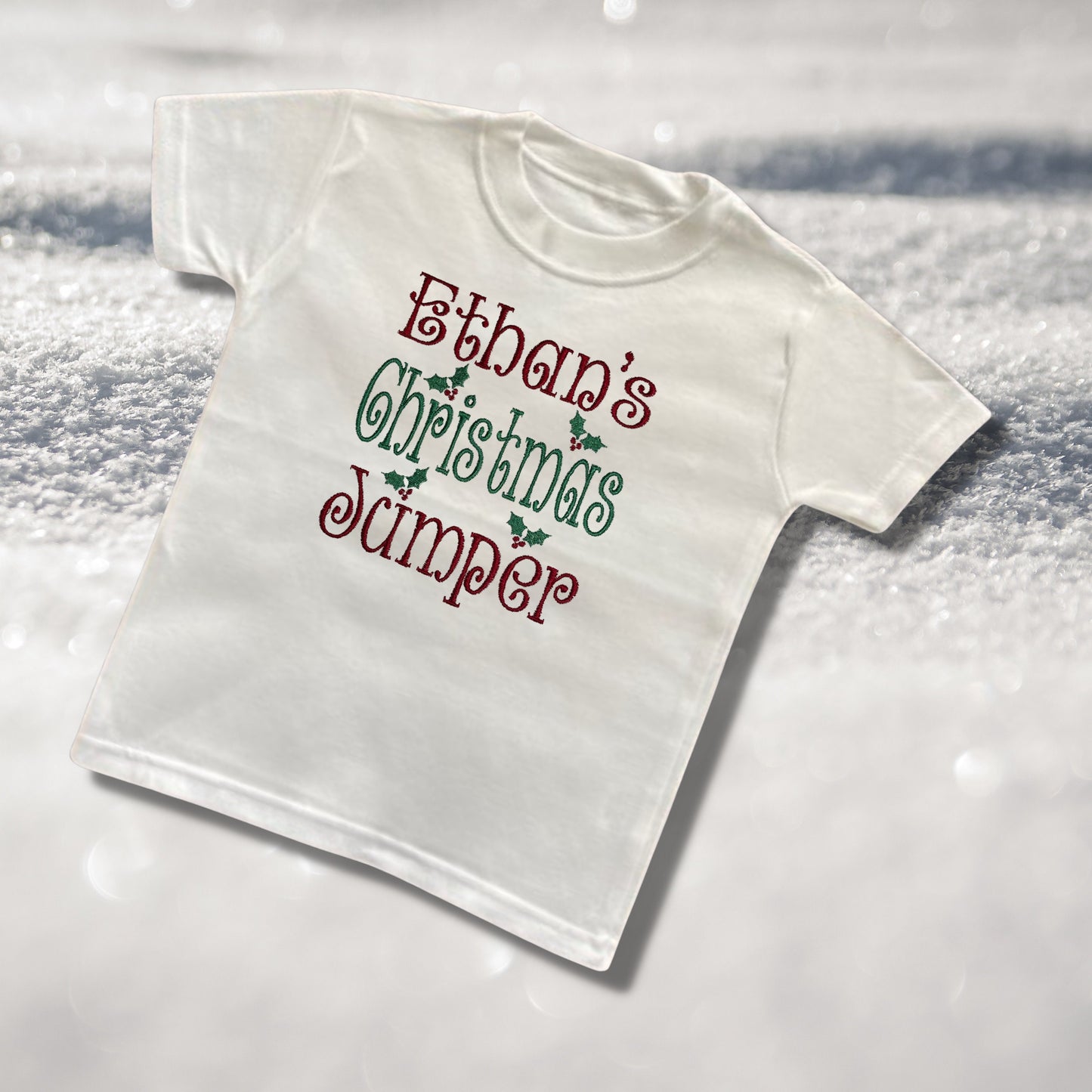 Personalised Embroidered Childrens Christmas Top. Cute 'Christmas Jumper' Design Personalised with Name. Perfect for the Christmas Season.