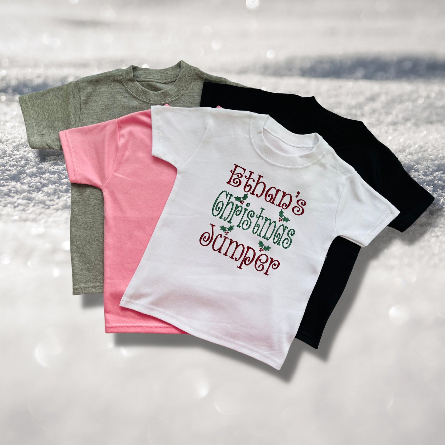 Personalised Embroidered Childrens Christmas Top. Cute 'Christmas Jumper' Design Personalised with Name. Perfect for the Christmas Season.
