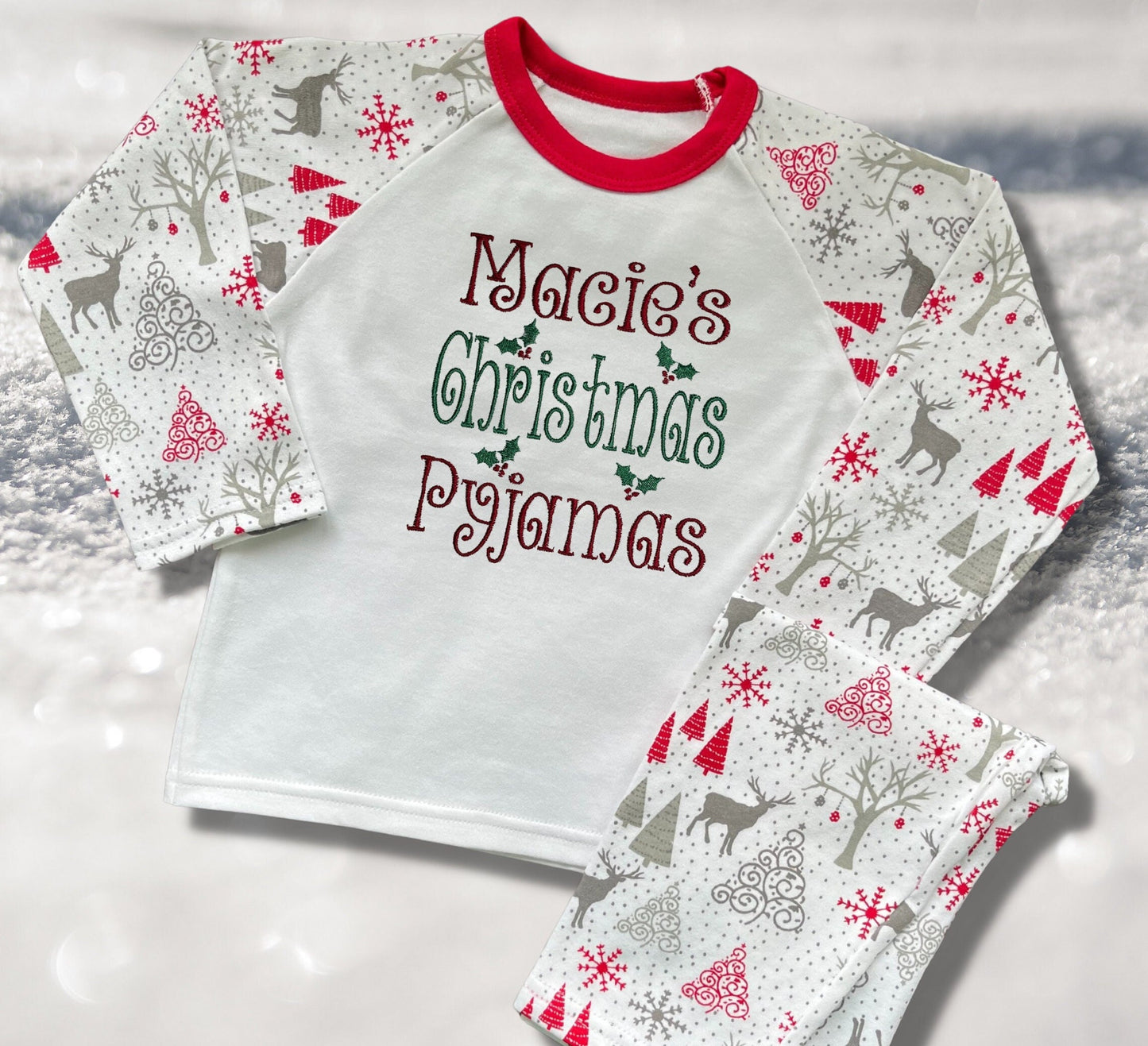 Personalised Embroidered Christmas Childrens Pyjamas and Rompersuits with a Message Embroidered in a Festive Font. A Perfect Christmas Gift.