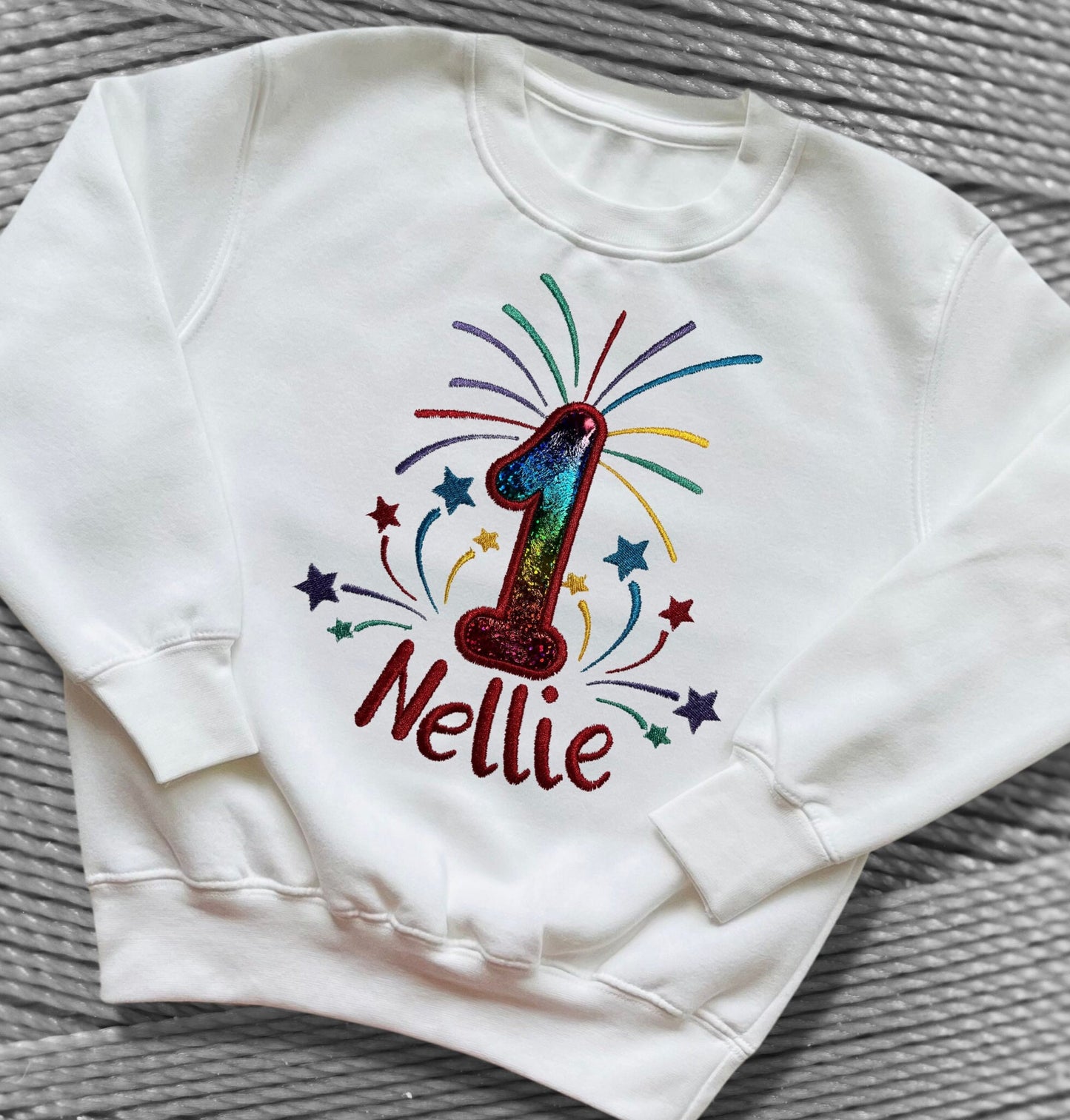 Childrens Birthday Embroidered Fireworks Shirts. Very Colourful Design Personalised with Name and Age. Choice of Garment