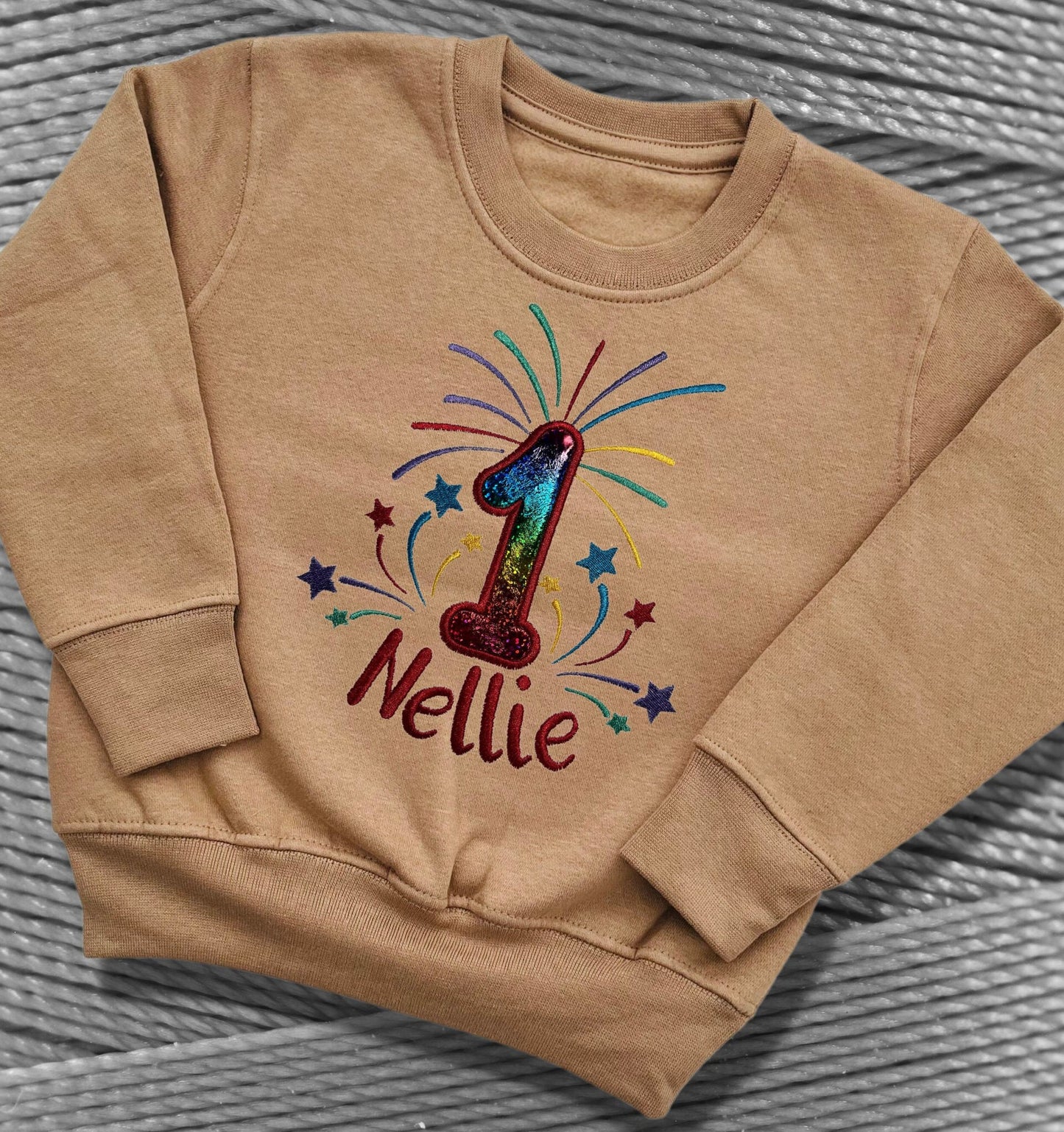 Childrens Birthday Embroidered Fireworks Shirts. Very Colourful Design Personalised with Name and Age. Choice of Garment