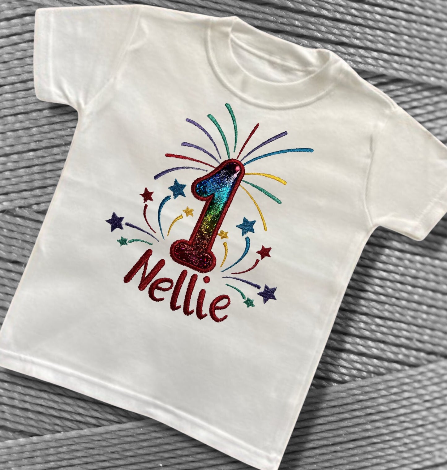 Childrens Birthday Embroidered Fireworks Shirts. Very Colourful Design Personalised with Name and Age. Choice of Garment