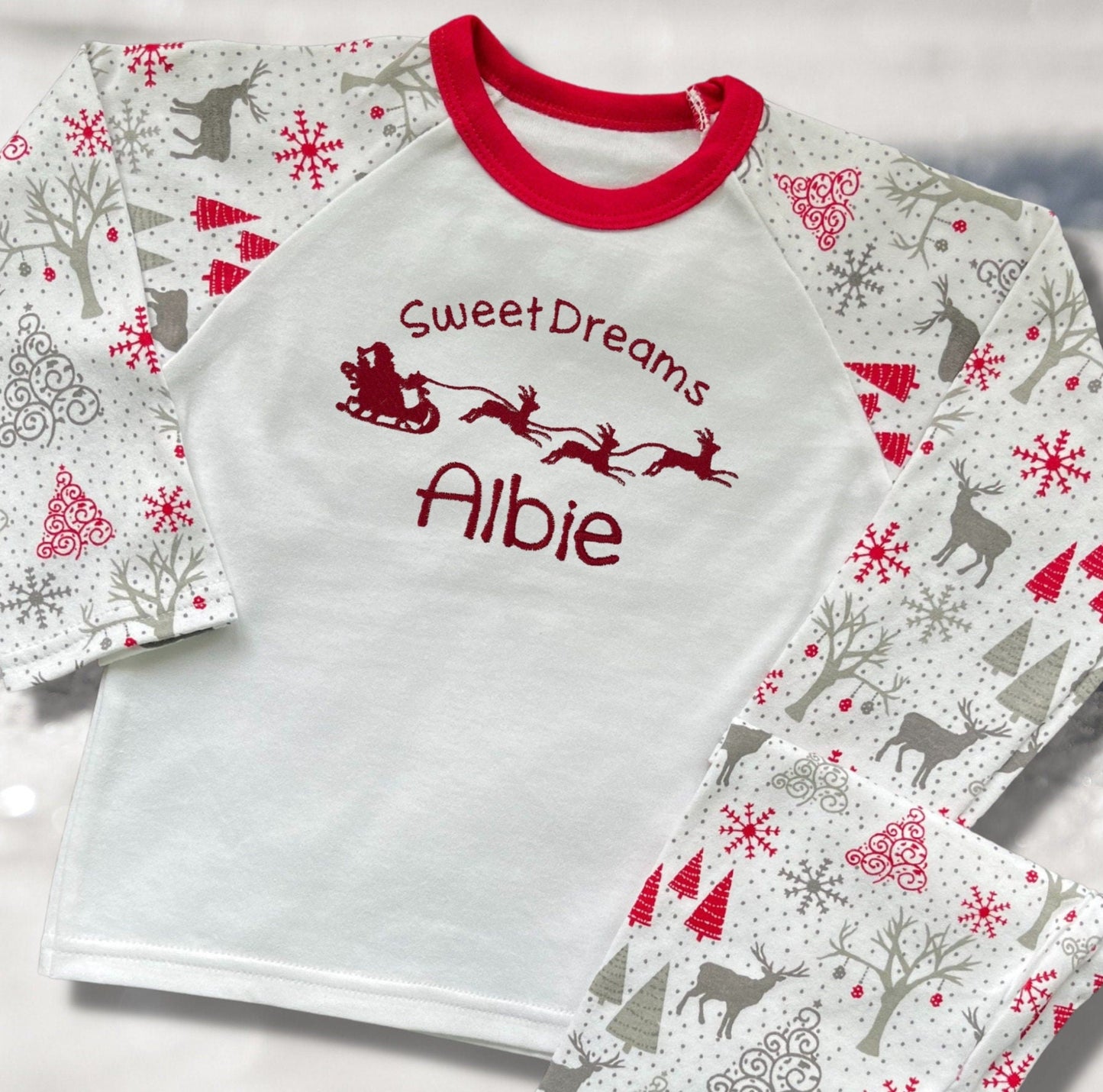 Personalised Embroidered Christmas Childrens Pyjamas and Rompersuits with Santa and His Sleigh. A Perfect Christmas Gift