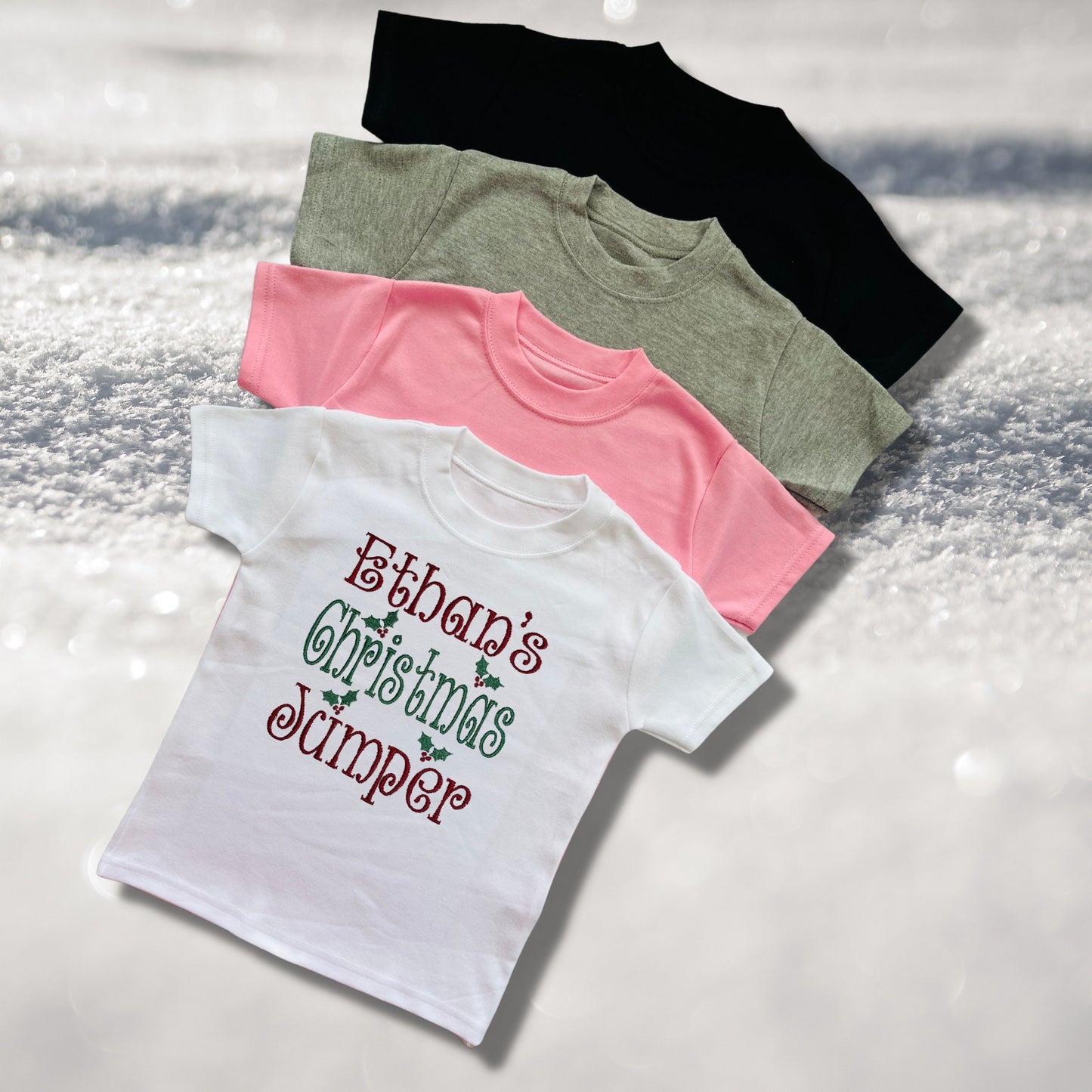 Personalised Embroidered Childrens Christmas Top. Cute 'Christmas Jumper' Design Personalised with Name. Perfect for the Christmas Season.