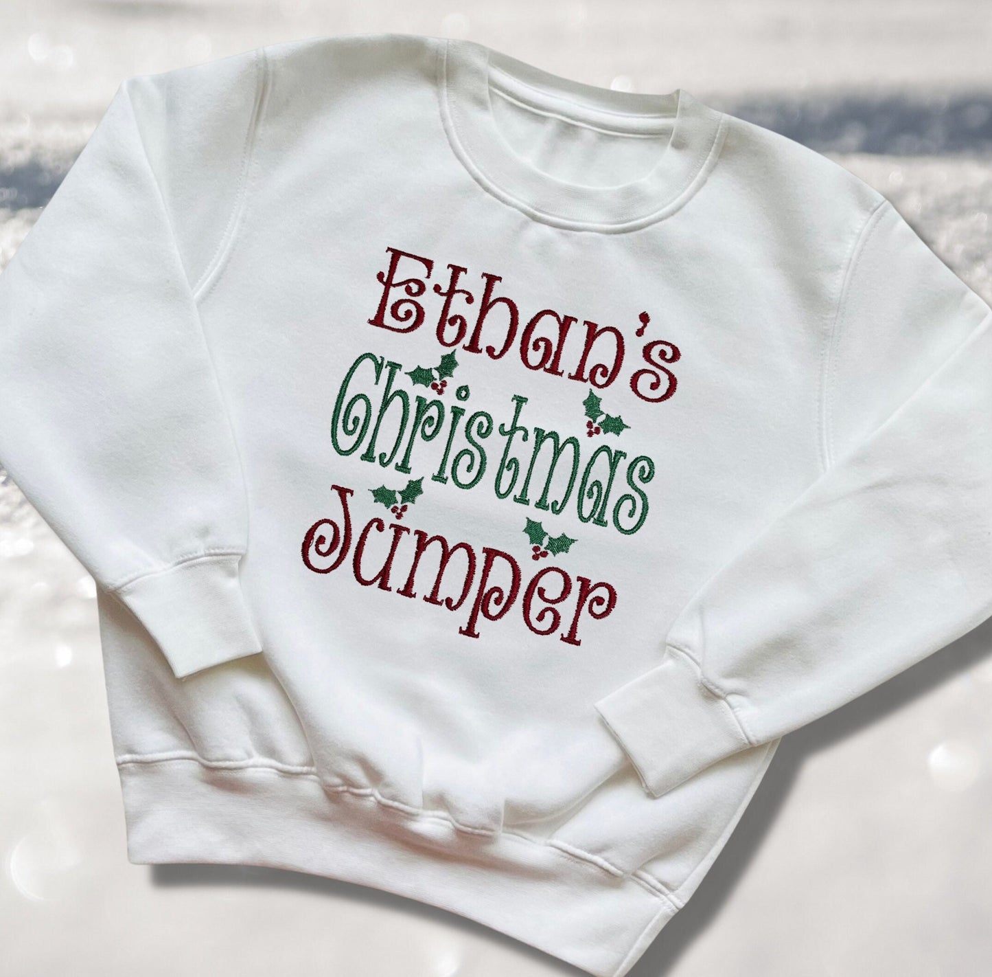 Personalised Embroidered Childrens Christmas Top. Cute 'Christmas Jumper' Design Personalised with Name. Perfect for the Christmas Season.