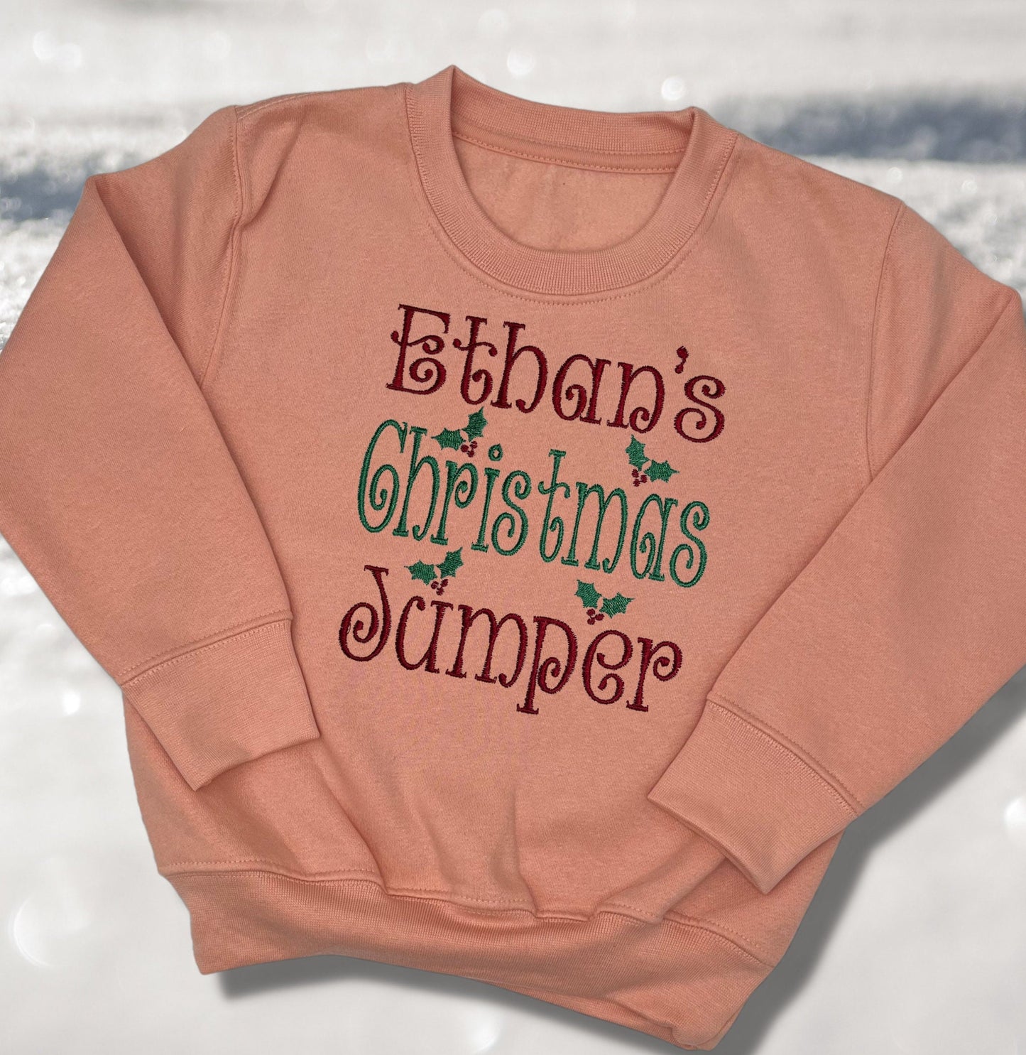 Personalised Embroidered Childrens Christmas Top. Cute 'Christmas Jumper' Design Personalised with Name. Perfect for the Christmas Season.