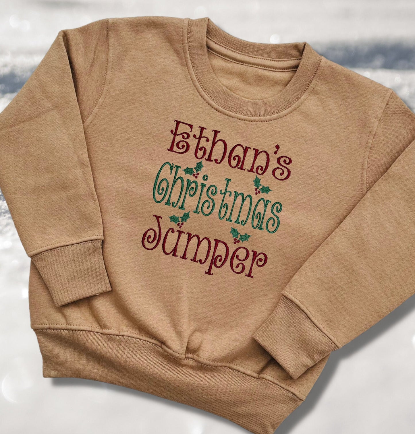 Personalised Embroidered Childrens Christmas Top. Cute 'Christmas Jumper' Design Personalised with Name. Perfect for the Christmas Season.