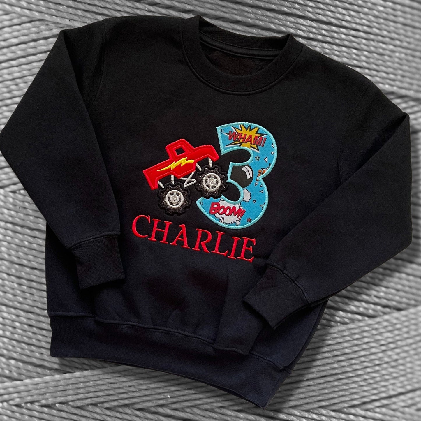 Personalised Embroidered Children's Birthday Top. Cute Monster Truck Design Personalised with Age and Name Perfect Birthday Outfit