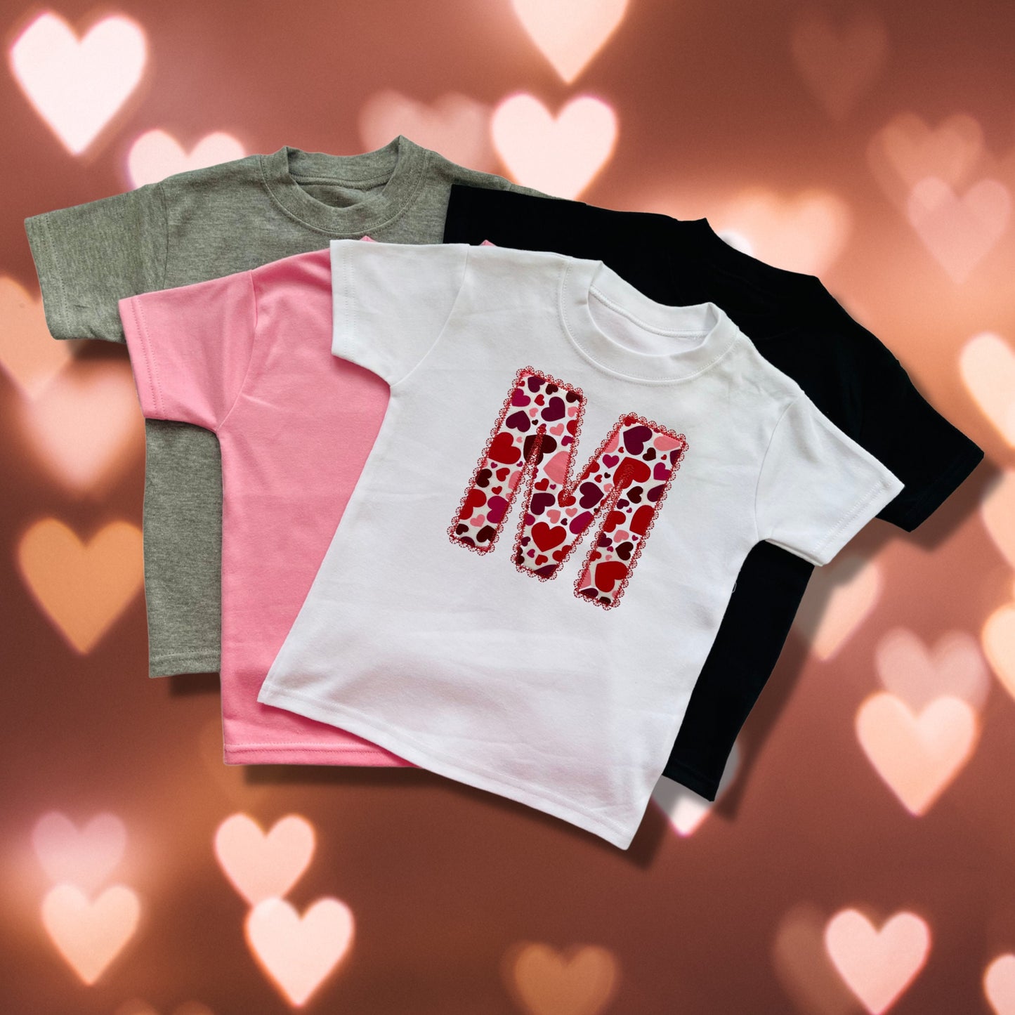 Embroidered Children's Valentine's Shirt. Monogram Initial Using a Cute Heart Design Fabric Surrounded with a Lace Effect Embroidered Border