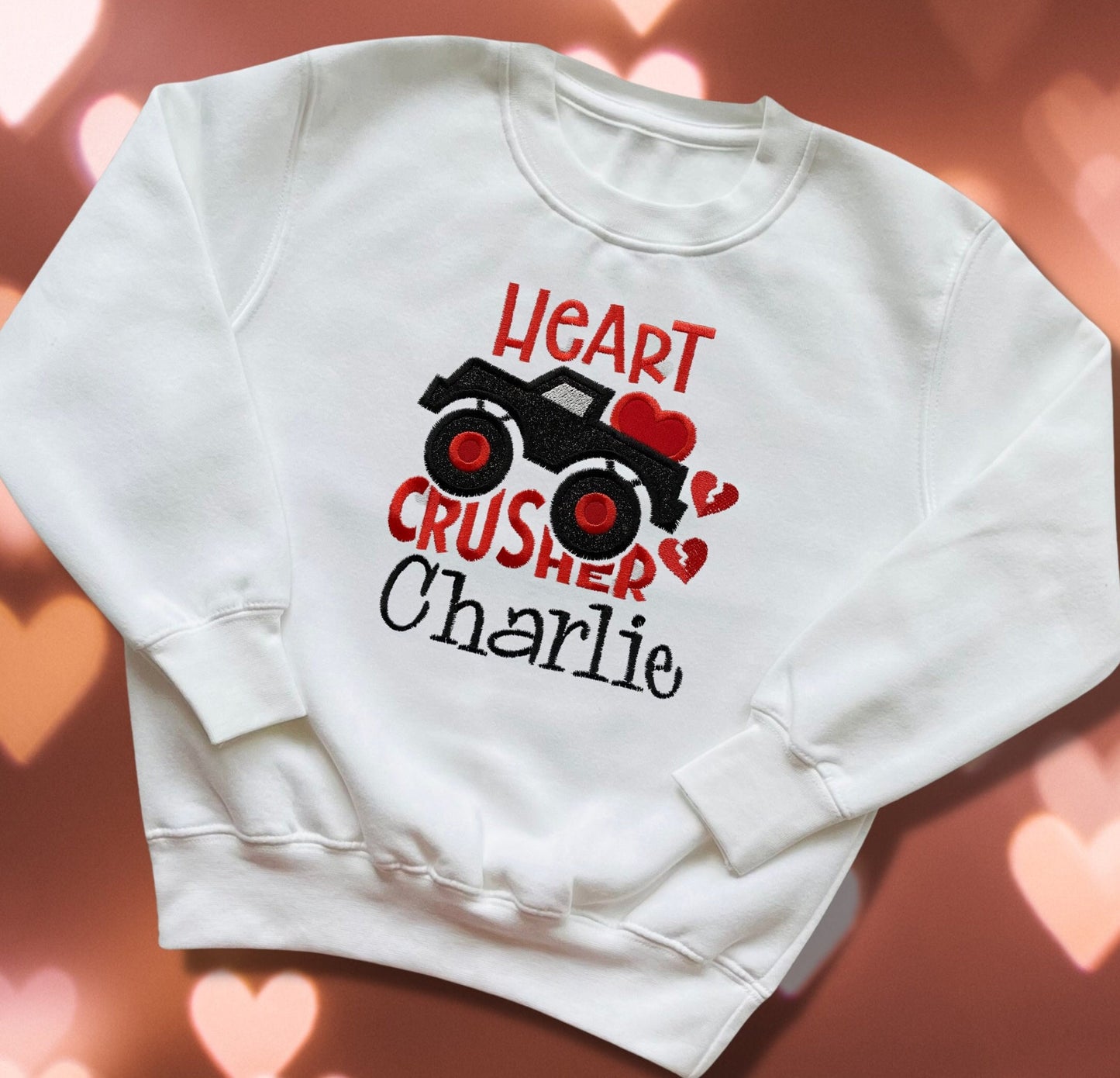 Personalised Embroidered Childrens Valentine's Shirt. Truck Design with the Words 'Heart Crusher'. Perfect for Valentines Day or as a Gift