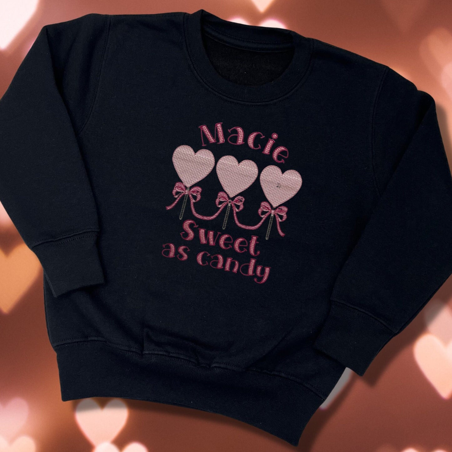Embroidered Childrens Valentine's Shirt. Cute Row of Lollipop Hearts Saying 'sweet as candy' and Personalised with Child's Name.